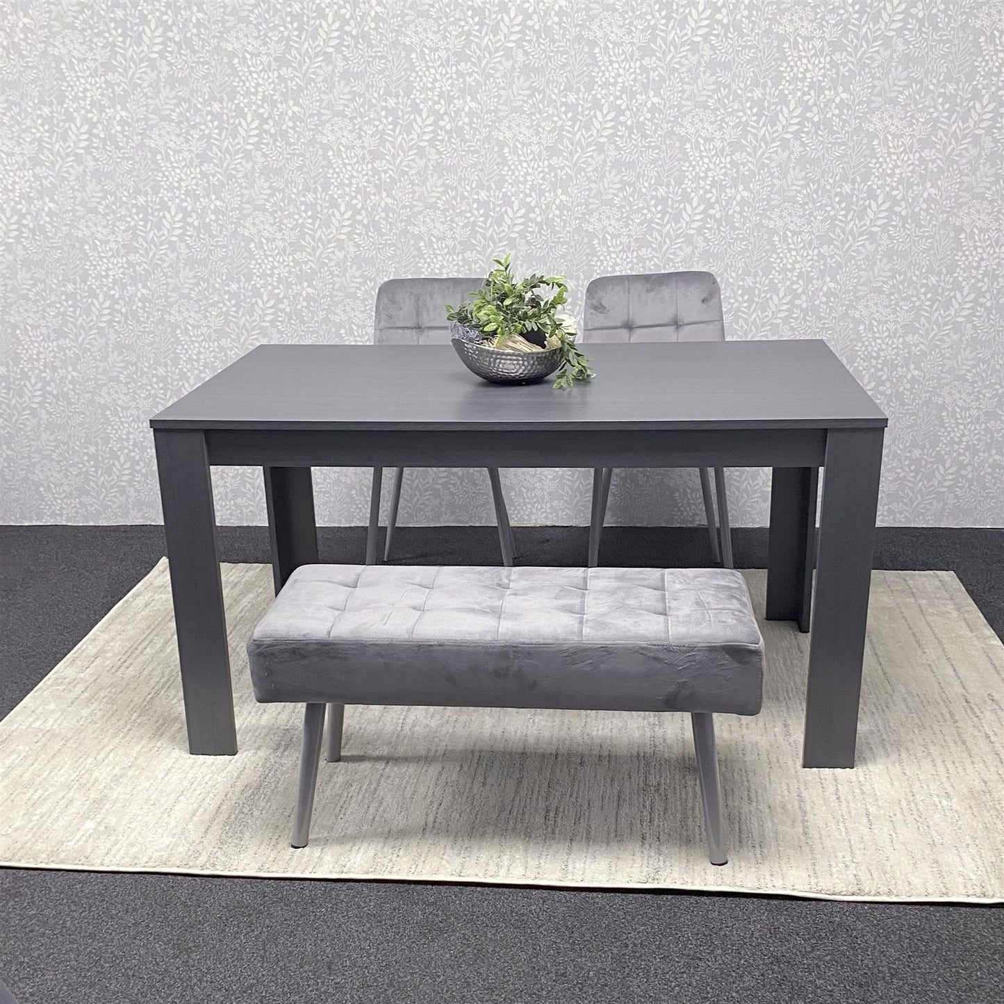 DOUBS Dark Grey Wooden Dining Set with Velvet Chairs and Bench, Arrow Design