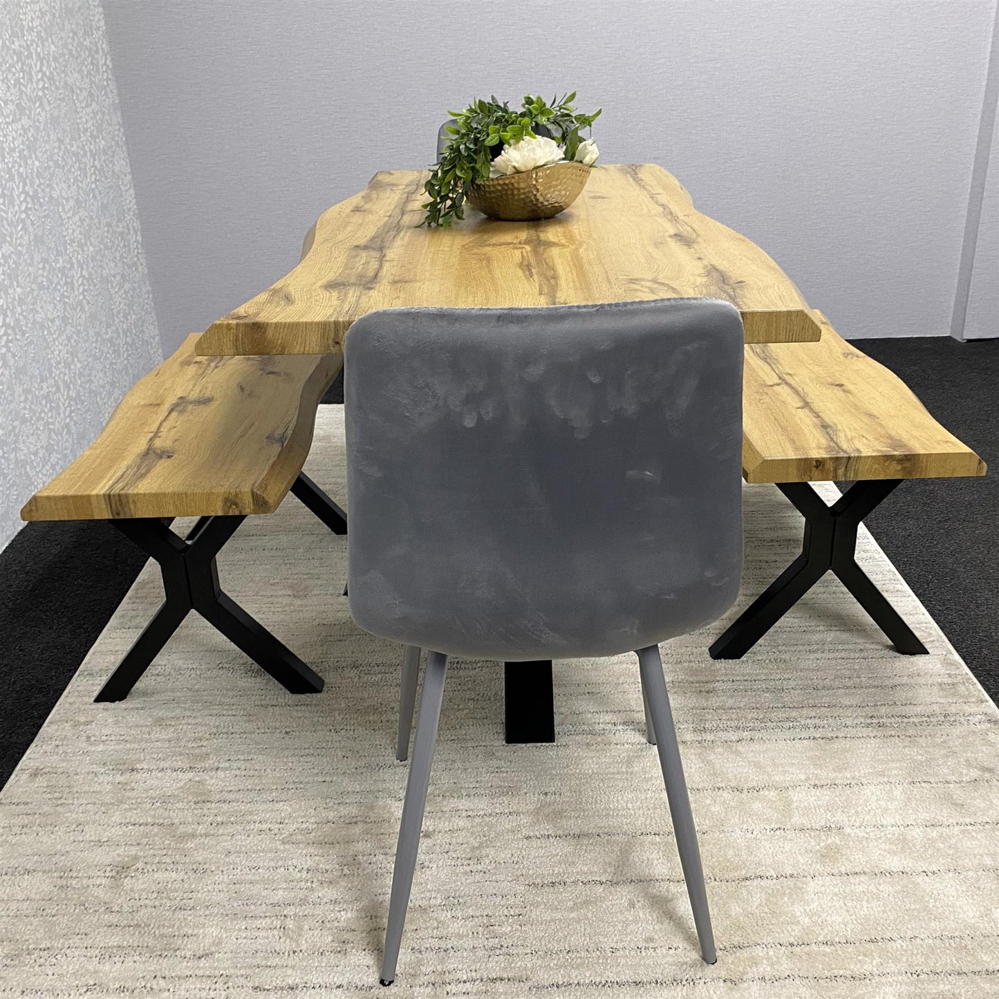 DOUBS Wooden Brown Dining Table with 2 Benches and Grey Velvet Chairs, Stylish Dining Room Furniture