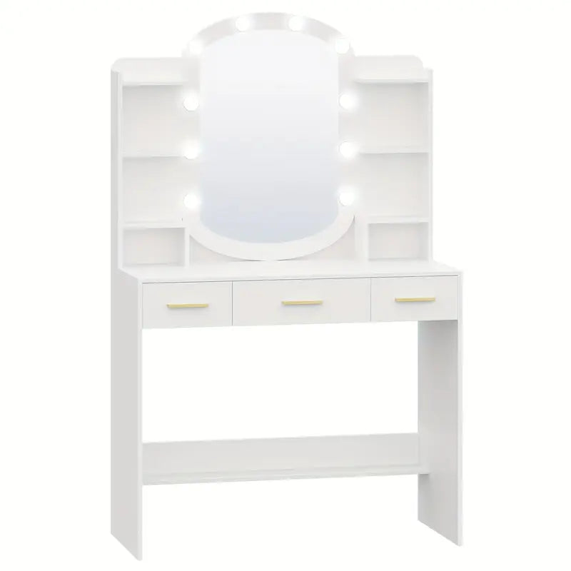 Doubs Contemporary White Dressing Table with Oval Mirror, LED Lighting, Ample Storage, and Elegant Modern Design