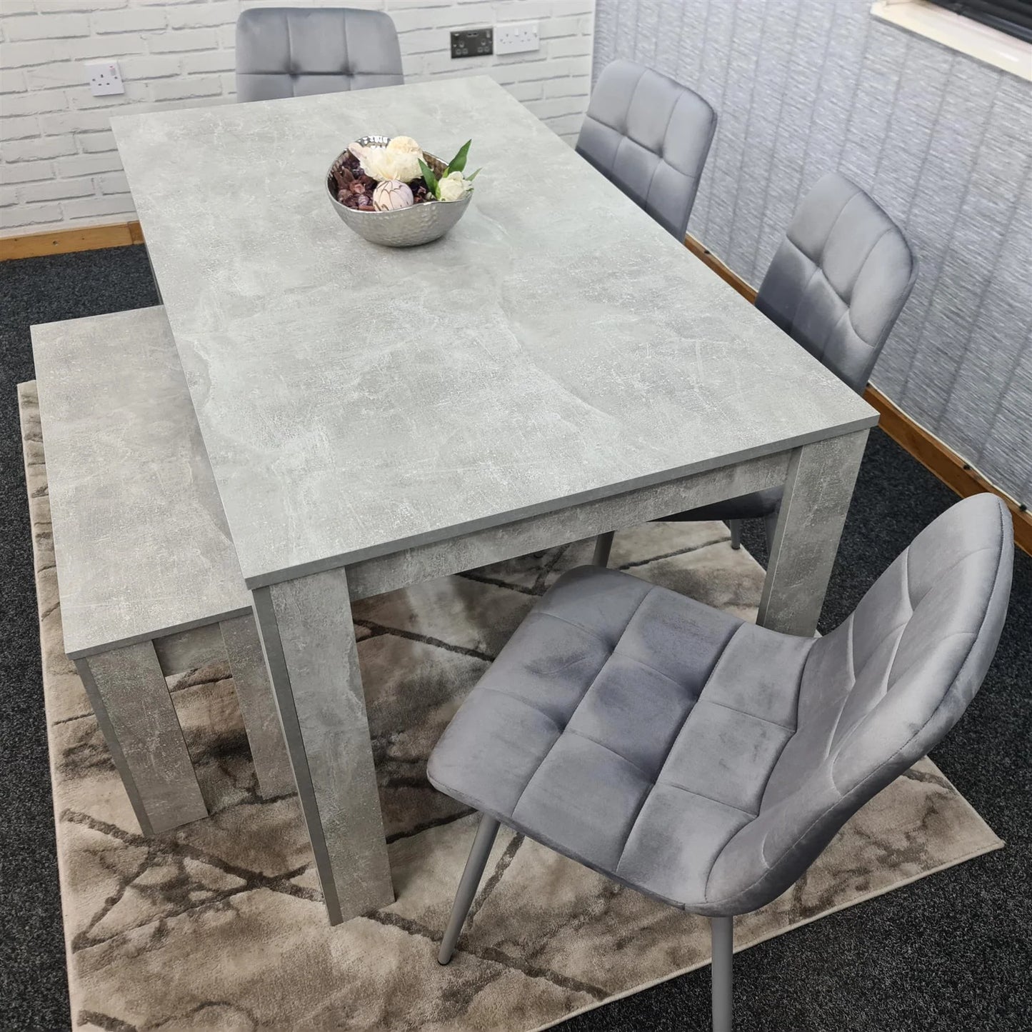 Doubs Grey Wooden Dining Table Set with 4 Tufted Velvet Grey Chairs & Bench – , Melamine Finish, Modern Curved Back Design