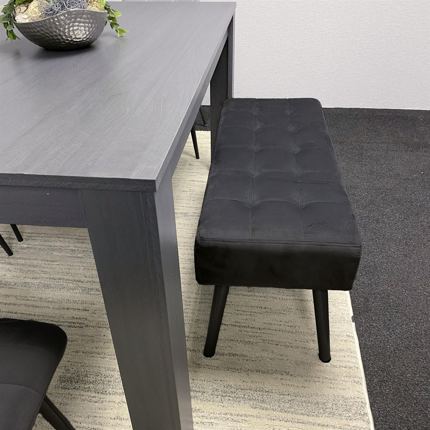 Dining Table and 4 Chairs With Black Bench, 4 Grey Velvet Chairs Wood Dining Set Furniture