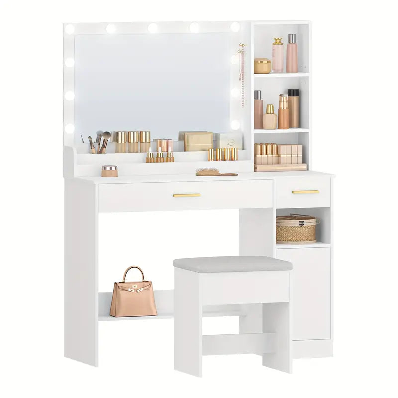White Vanity Dressing Table with Large Mirror, Stool, and Ample Storage – Makeup Desk with Drawers, Cupboard, and Organiser for Cosmetics and Jewellery