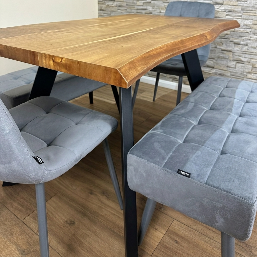 DOUBS Wood Dining Table with 2 Grey Velvet Chairs and 2 Benches 5-Piece Set