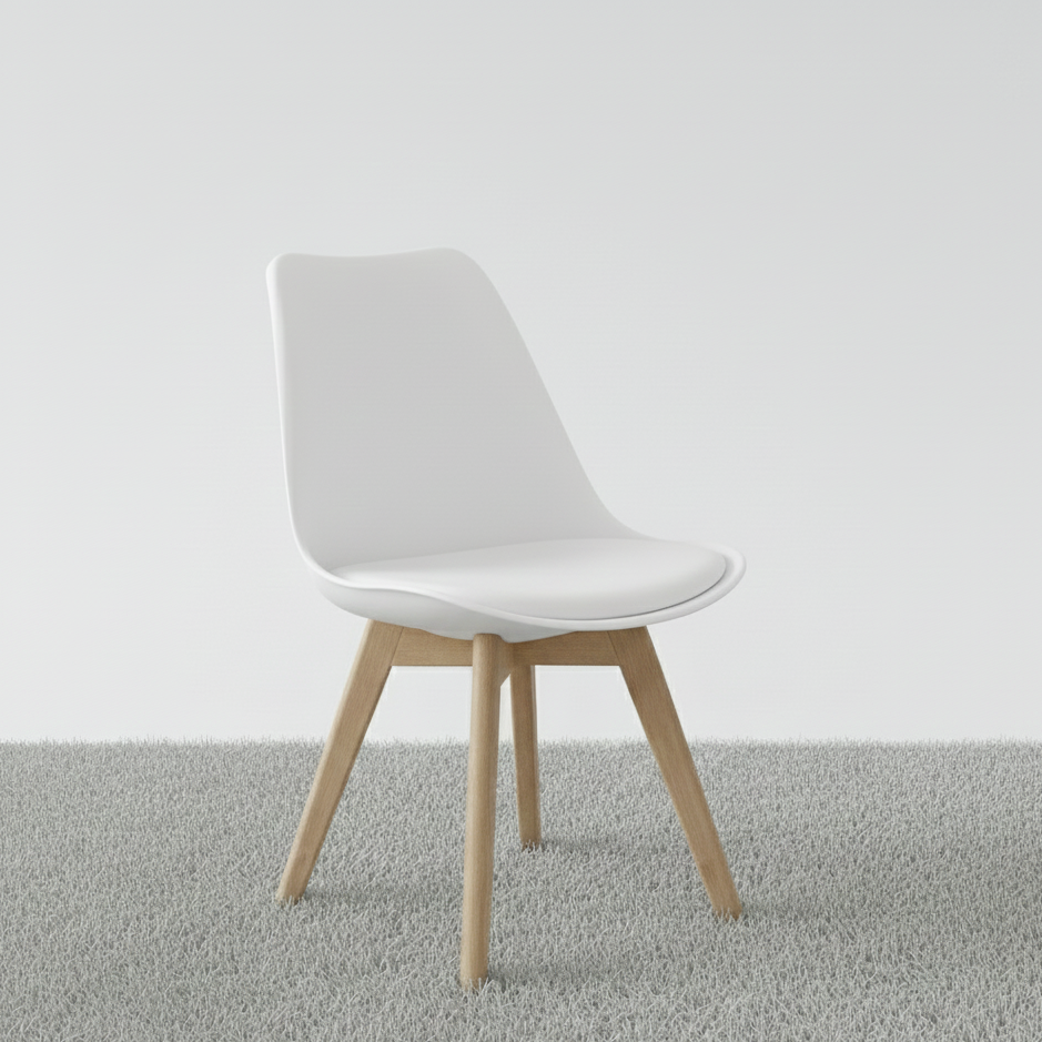 DOUBS Grey Wooden Dining Table Set With 4 White Plastic Leather Chairs Dining Room Furniture