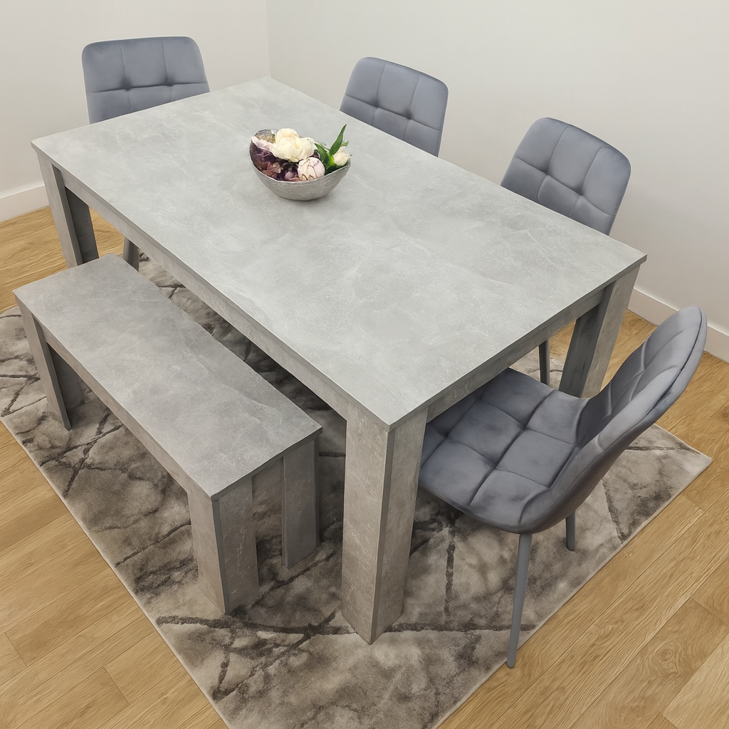 Doubs Grey Wooden Dining Table Set with 4 Tufted Velvet Grey Chairs & Bench – , Melamine Finish, Modern Curved Back Design