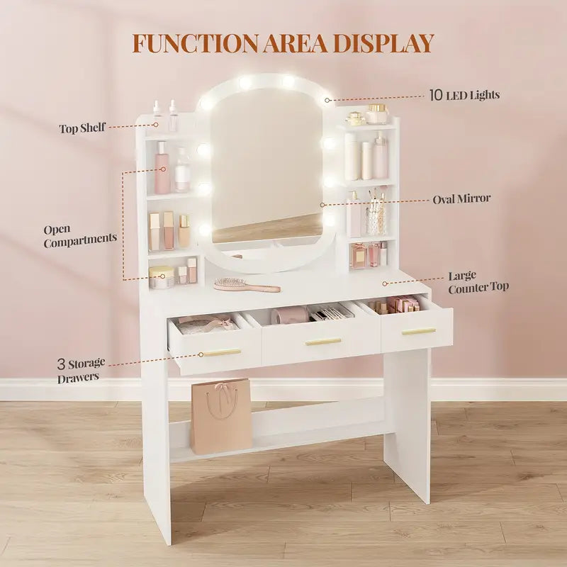 Doubs Contemporary White Dressing Table with Oval Mirror, LED Lighting, Ample Storage, and Elegant Modern Design