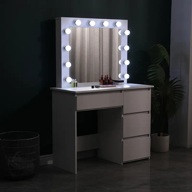 White Vanity Dressing Table with Large Mirror and Lights – 4 Drawer Makeup Desk with Ample Storage, Modern Bedroom Furniture for Jewellery, Cosmetics, and Beauty Essentials