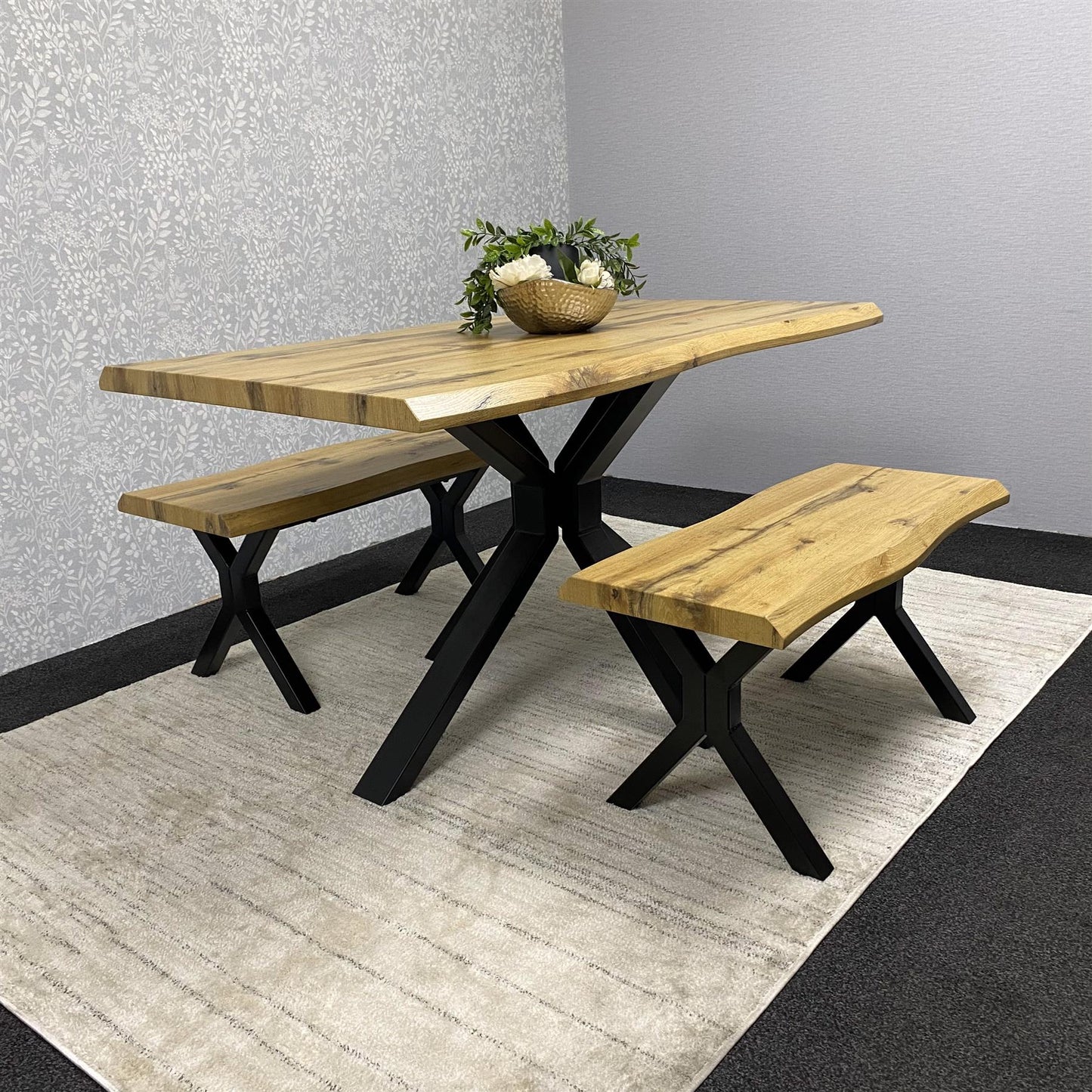 DOUBS Wooden Dining Table and 2 Benches Set with X-Shaped Iron Legs, Curved Edge for Dining Room