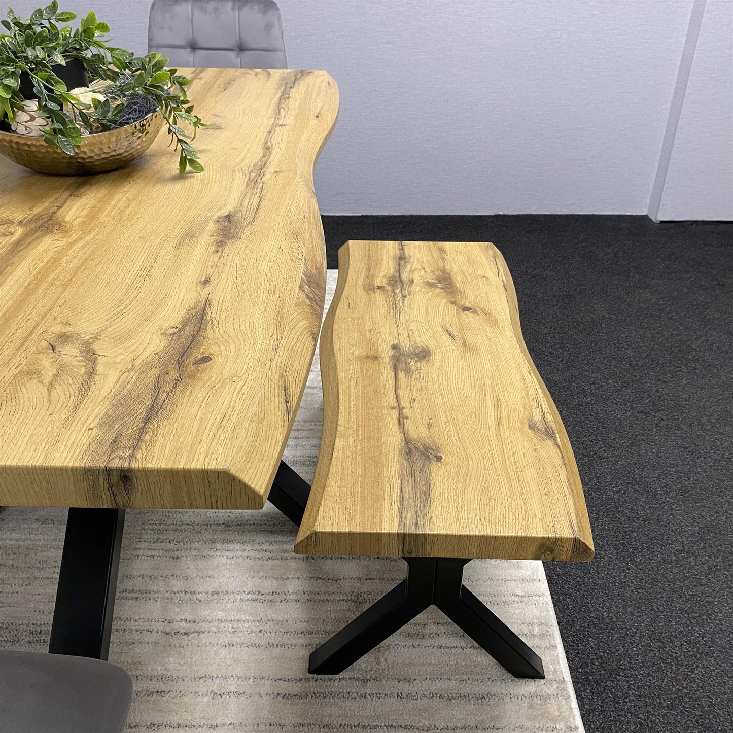 DOUBS Wooden Brown Dining Table with Bench and 4 Grey Velvet Chairs, Stylish Dining Room Furniture