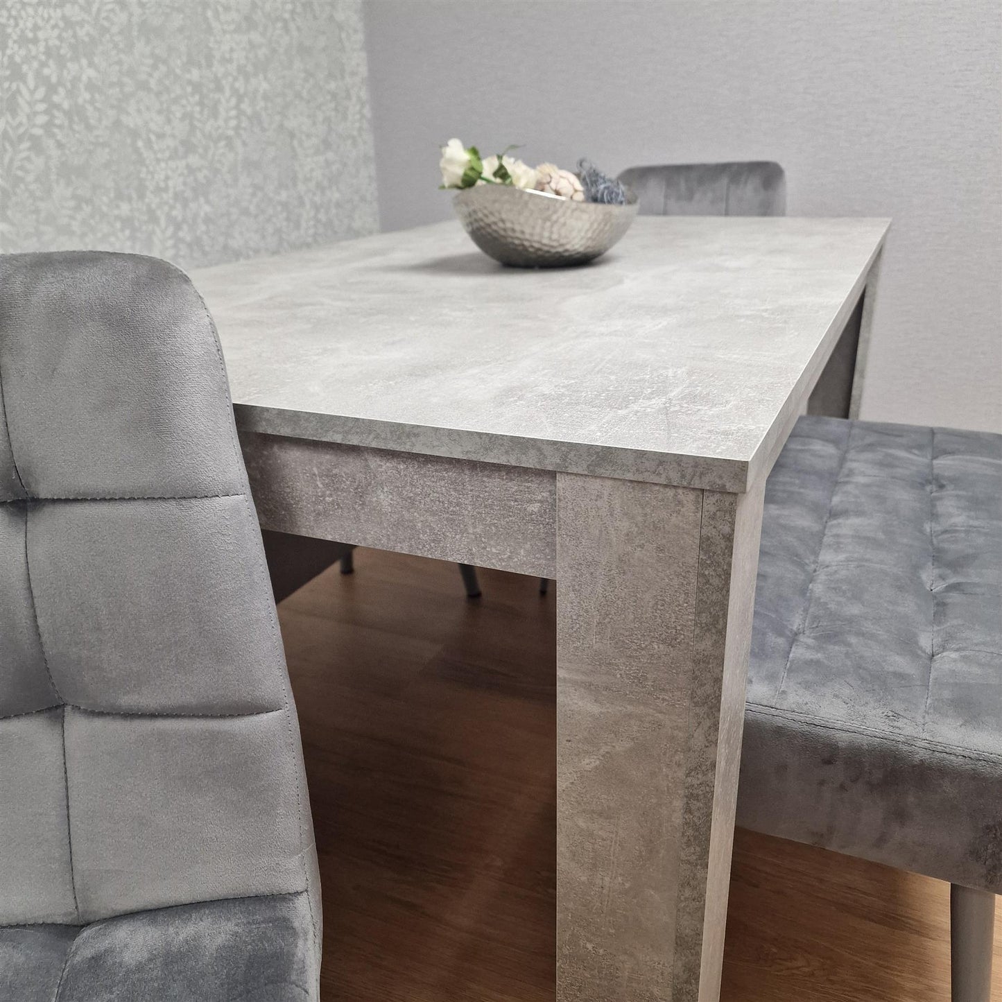 DOUBS Grey Wooden Dining Table Set with 2 Grey Chairs and Benches - Dining Kitchen Room Furniture