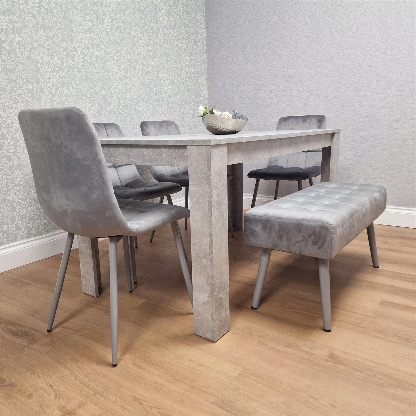 Grey Wooden Dining Table Set with 4 Grey Chairs and 1 Bench - Dining Kitchen Room Furniture