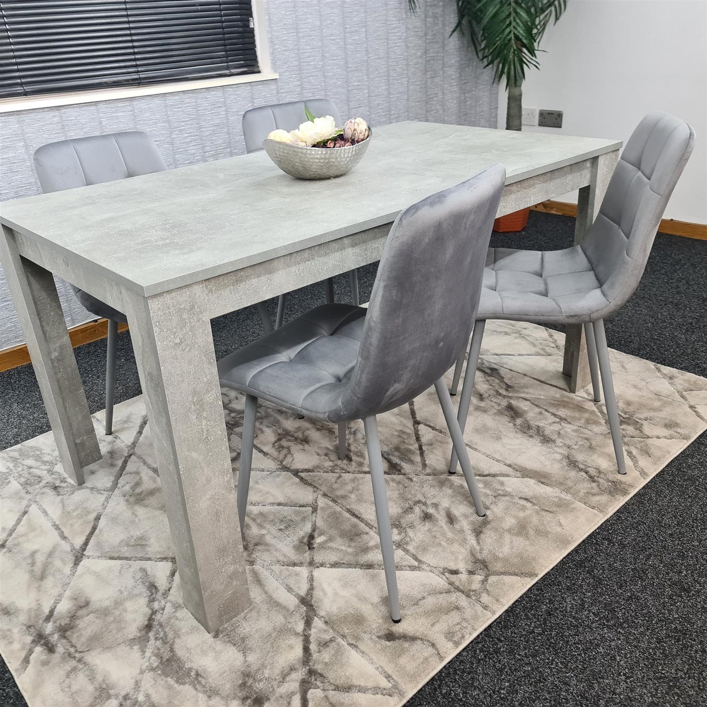 Doubs Grey Wooden Effect Dining Table Set with 4 Tufted Velvet Grey Chairs , Melamine Finish, Curved Back Design
