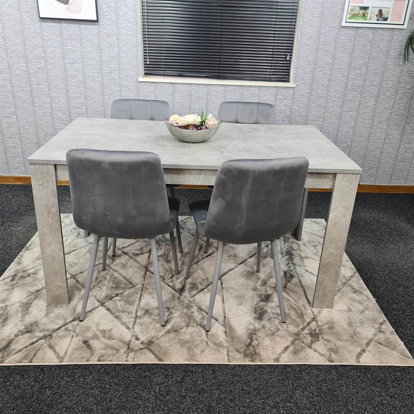 Doubs Grey Wooden Effect Dining Table Set with 4 Tufted Velvet Grey Chairs , Melamine Finish, Curved Back Design