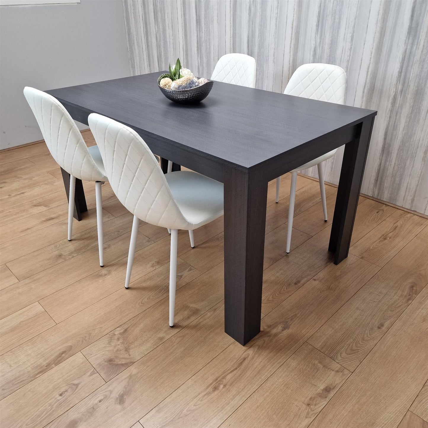 DOUBS Dining Table and 4 Chairs Black Dark Grey 4 Leather White Chairs Wood Dining Set Furniture