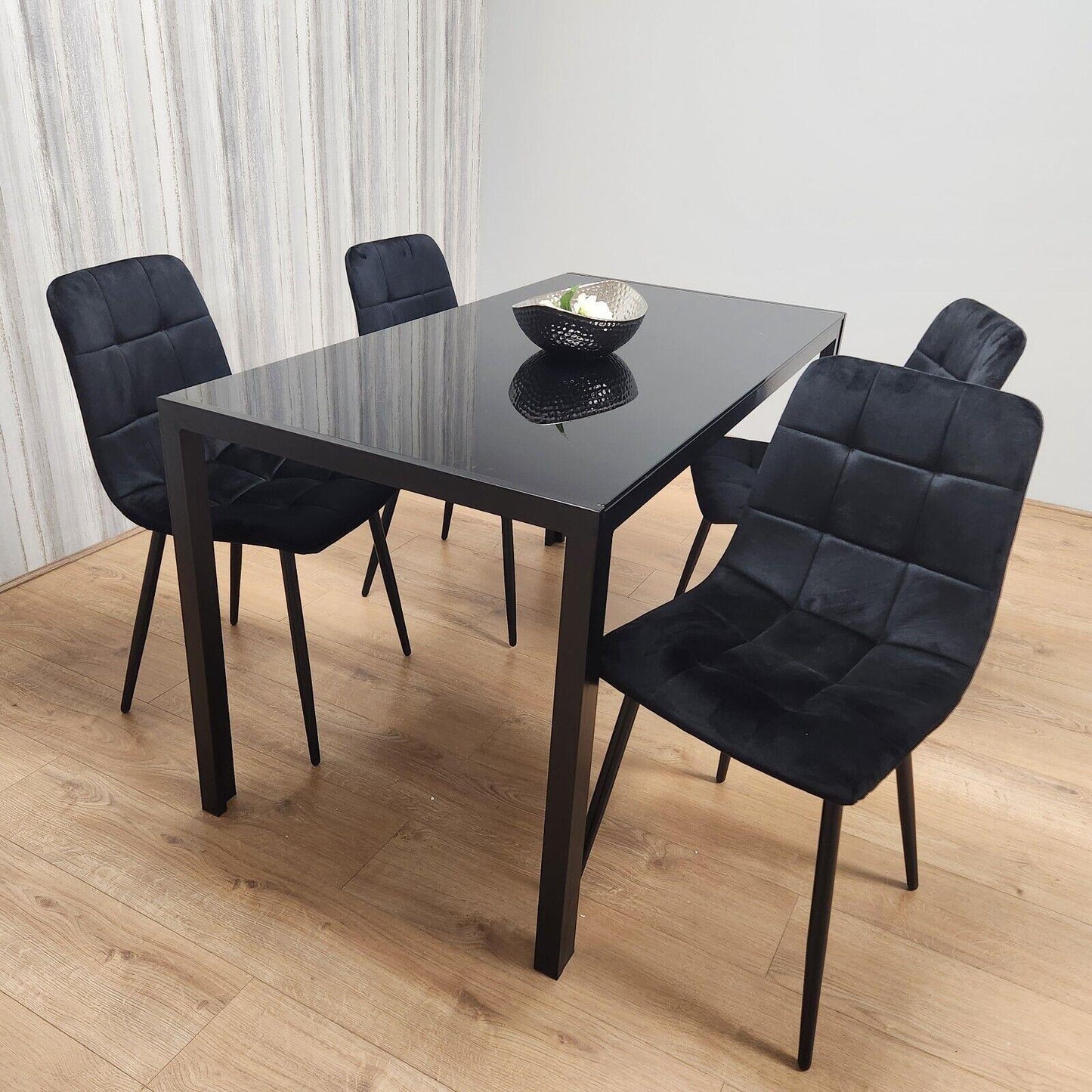 Dining Table and 4 Chairs Black Glass 4 Velvet Chairs Dining Room Furniture