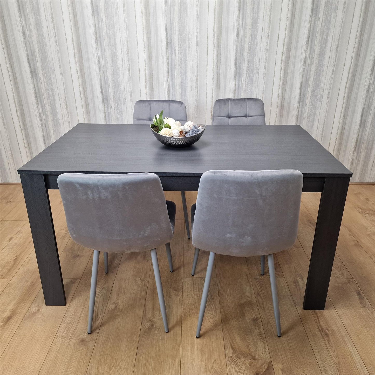 DOUBS Dining Table and 4 Chairs Black Dark Grey 4 Velvet Grey Chairs Wood Dining Set Furniture