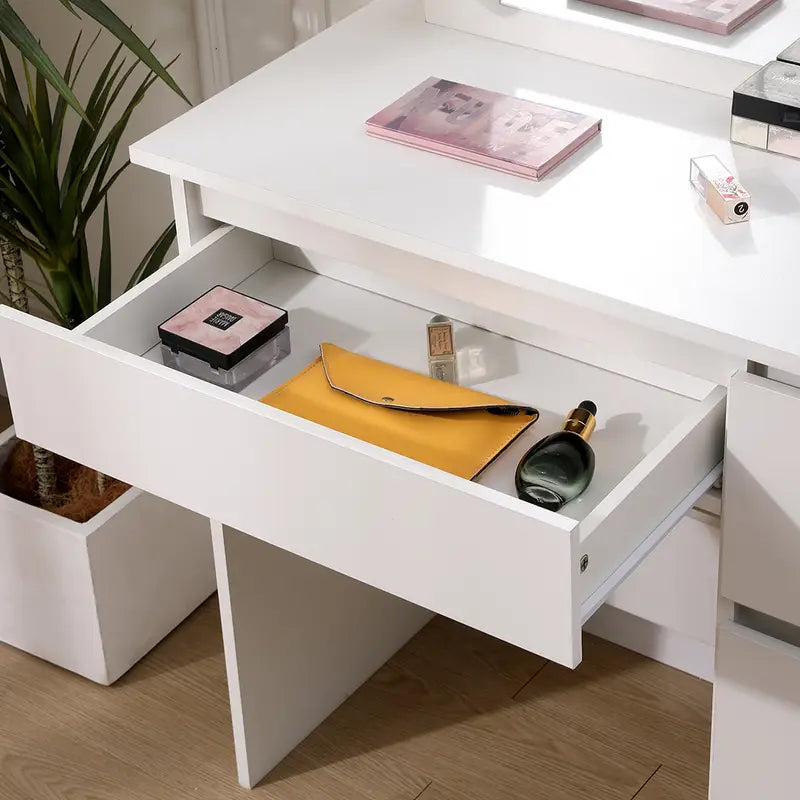 White Vanity Dressing Table with Large Mirror and Lights – 4 Drawer Makeup Desk with Ample Storage, Modern Bedroom Furniture for Jewellery, Cosmetics, and Beauty Essentials
