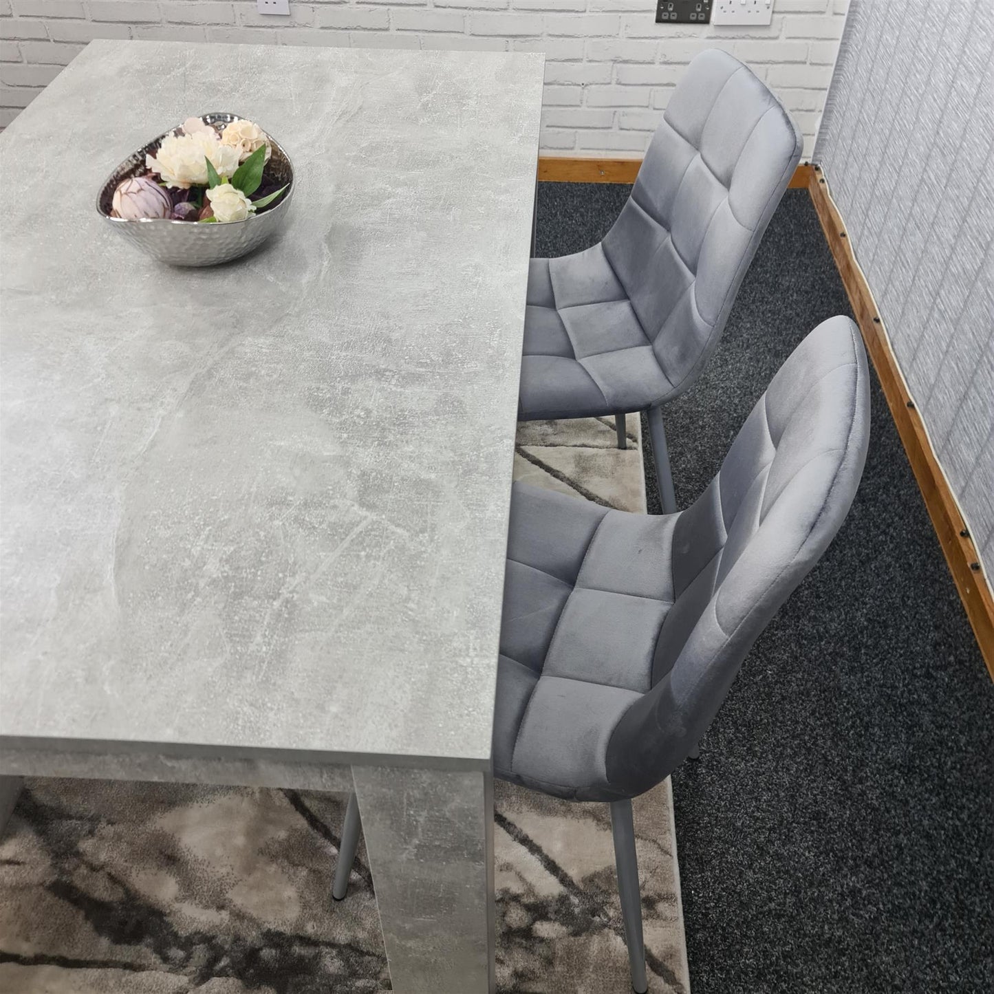 Dining Table and 2 Chairs With Bench Stone Grey Effect Wood Table 2 Grey Velvet Chairs Dining Room