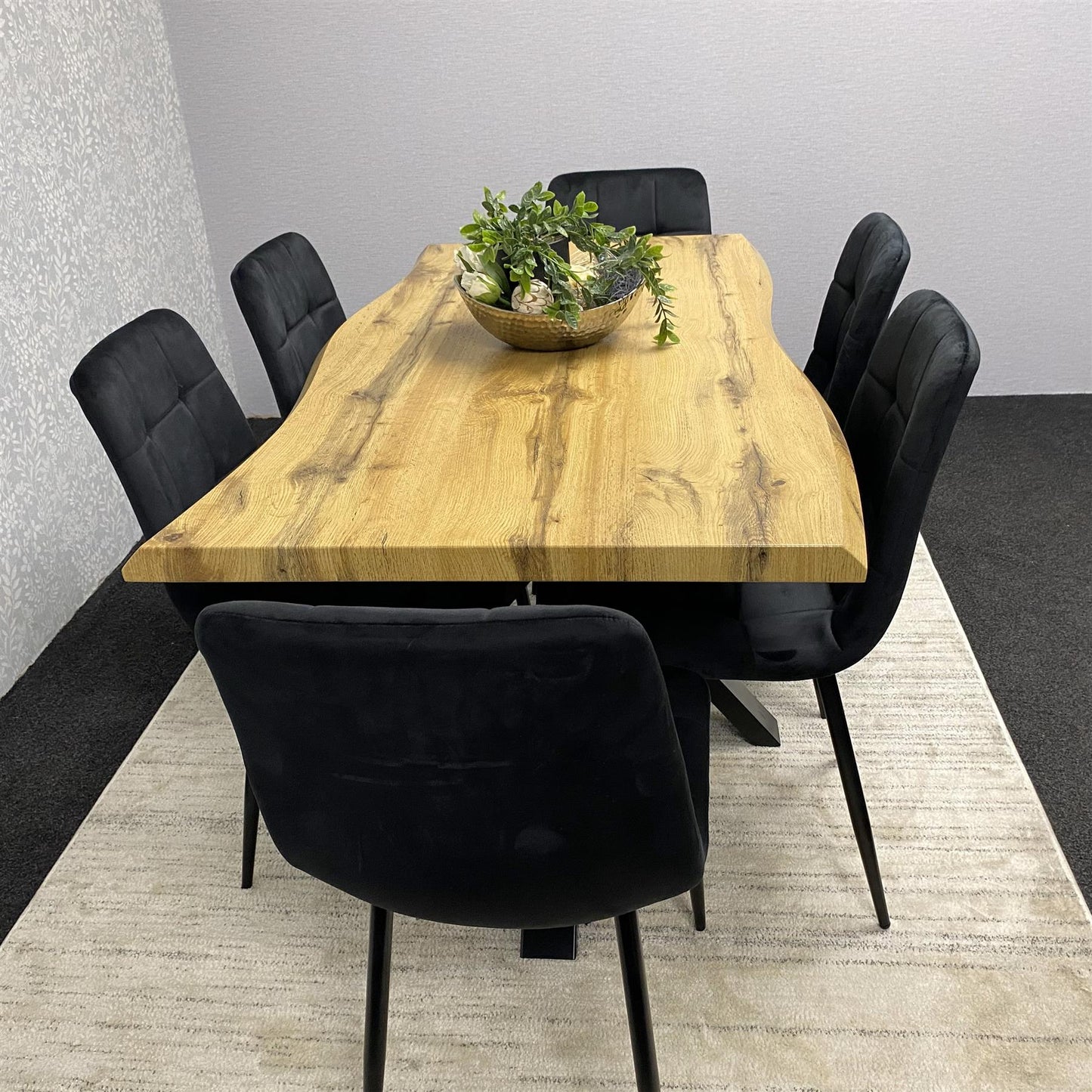 DOUBS Wooden Brown Dining Table with 6 Black Velvet Chairs, Stylish Dining Room Furniture