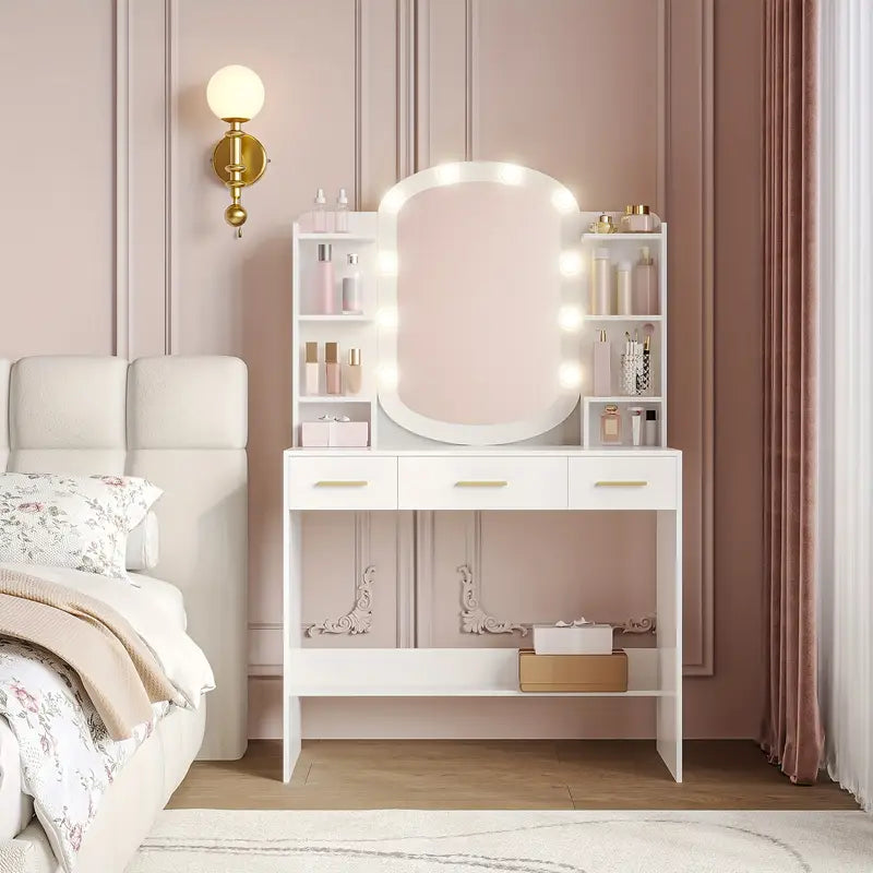 Doubs Contemporary White Dressing Table with Oval Mirror, LED Lighting, Ample Storage, and Elegant Modern Design