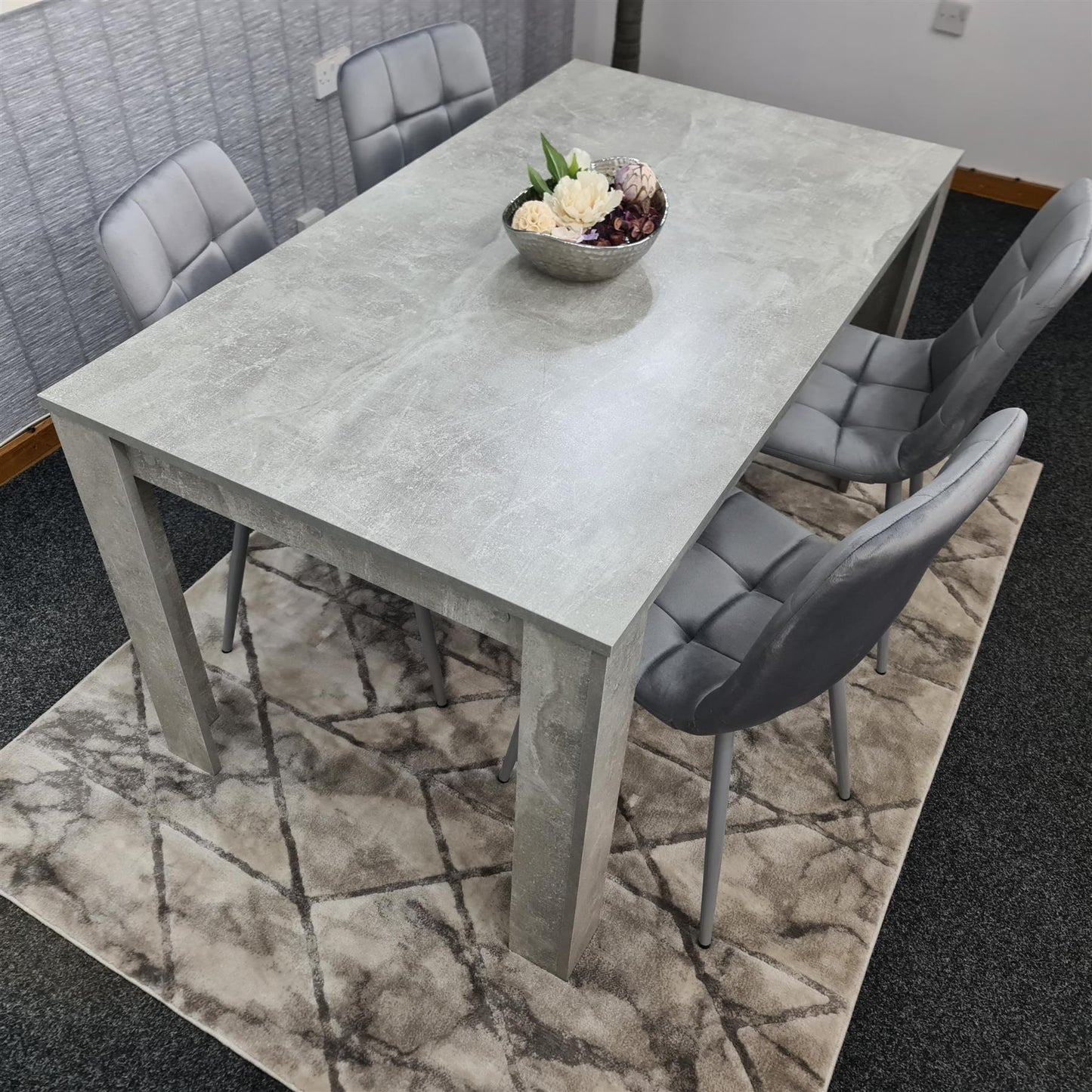 Doubs Grey Wooden Effect Dining Table Set with 4 Tufted Velvet Grey Chairs , Melamine Finish, Curved Back Design