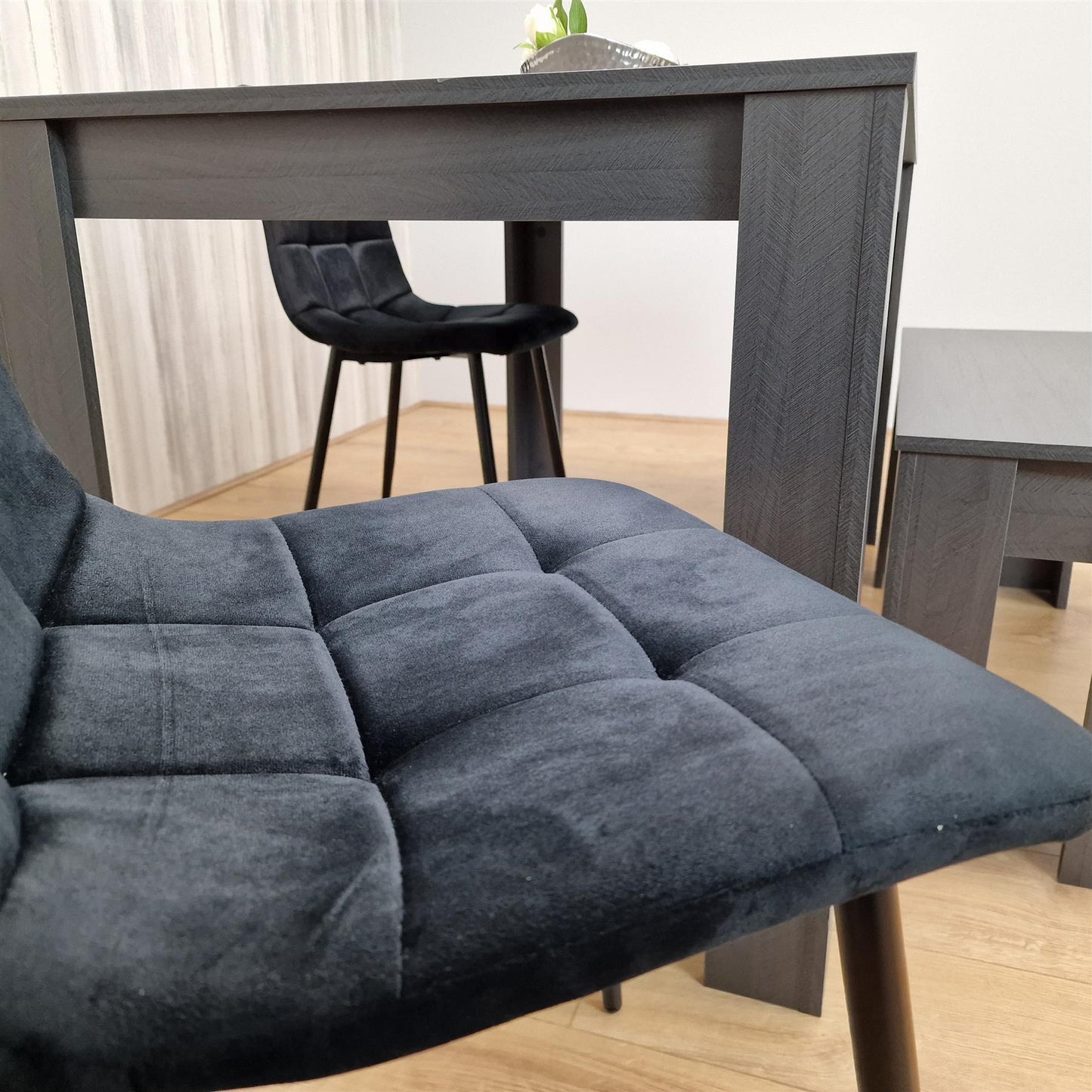 DOUBS Dining Table and 2 Chairs With Bench Black Dark Grey Velvet Chairs Wood Dining Set Furniture