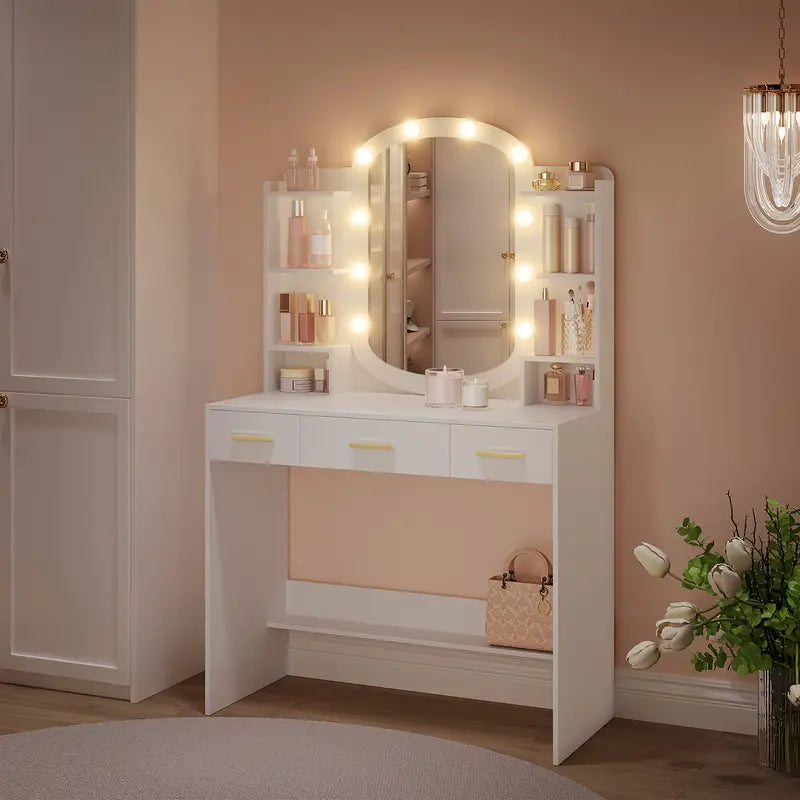 Doubs Contemporary White Dressing Table with Oval Mirror, LED Lighting, Ample Storage, and Elegant Modern Design