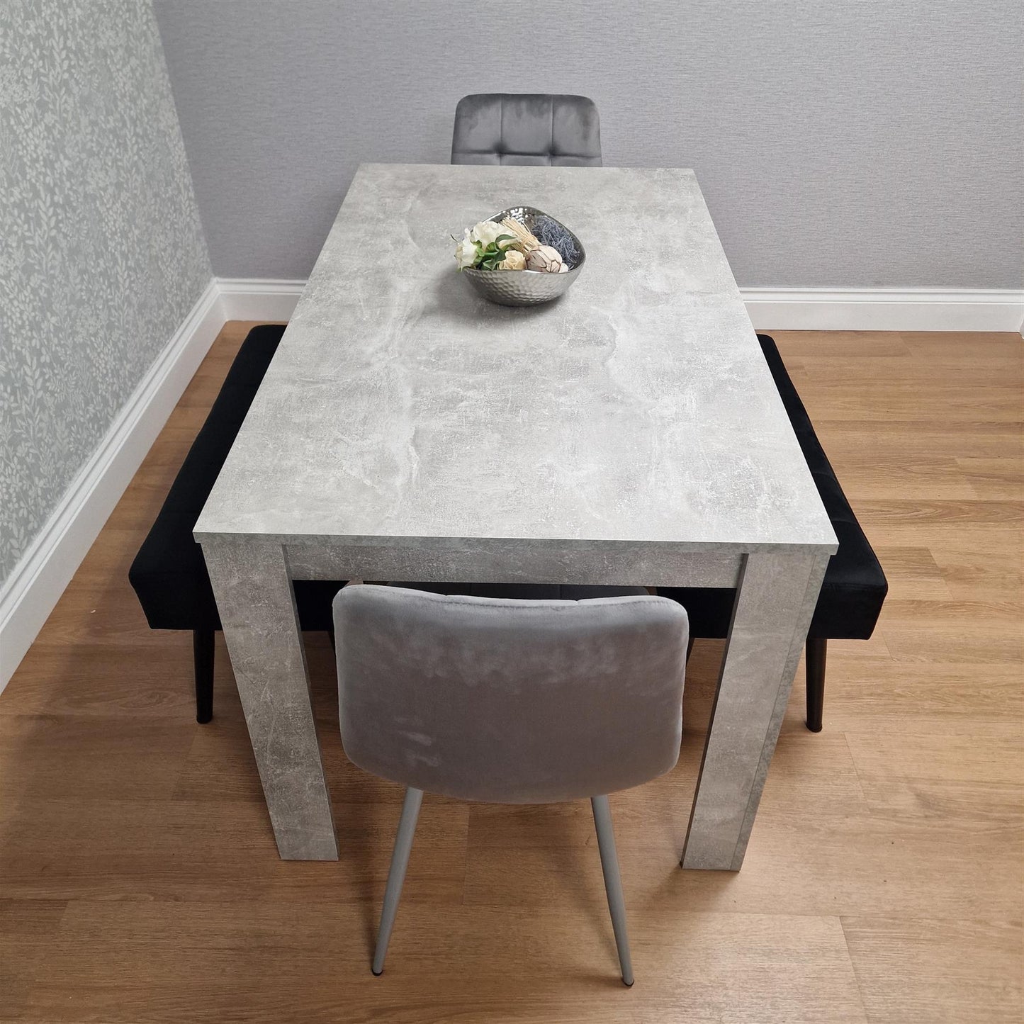 Grey Wooden Dining Table Set with 2 Grey Chairs and Benches - Dining Kitchen Room Furniture
