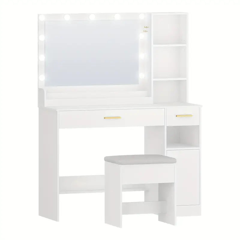 White Vanity Dressing Table with Large Mirror, Stool, and Ample Storage – Makeup Desk with Drawers, Cupboard, and Organiser for Cosmetics and Jewellery