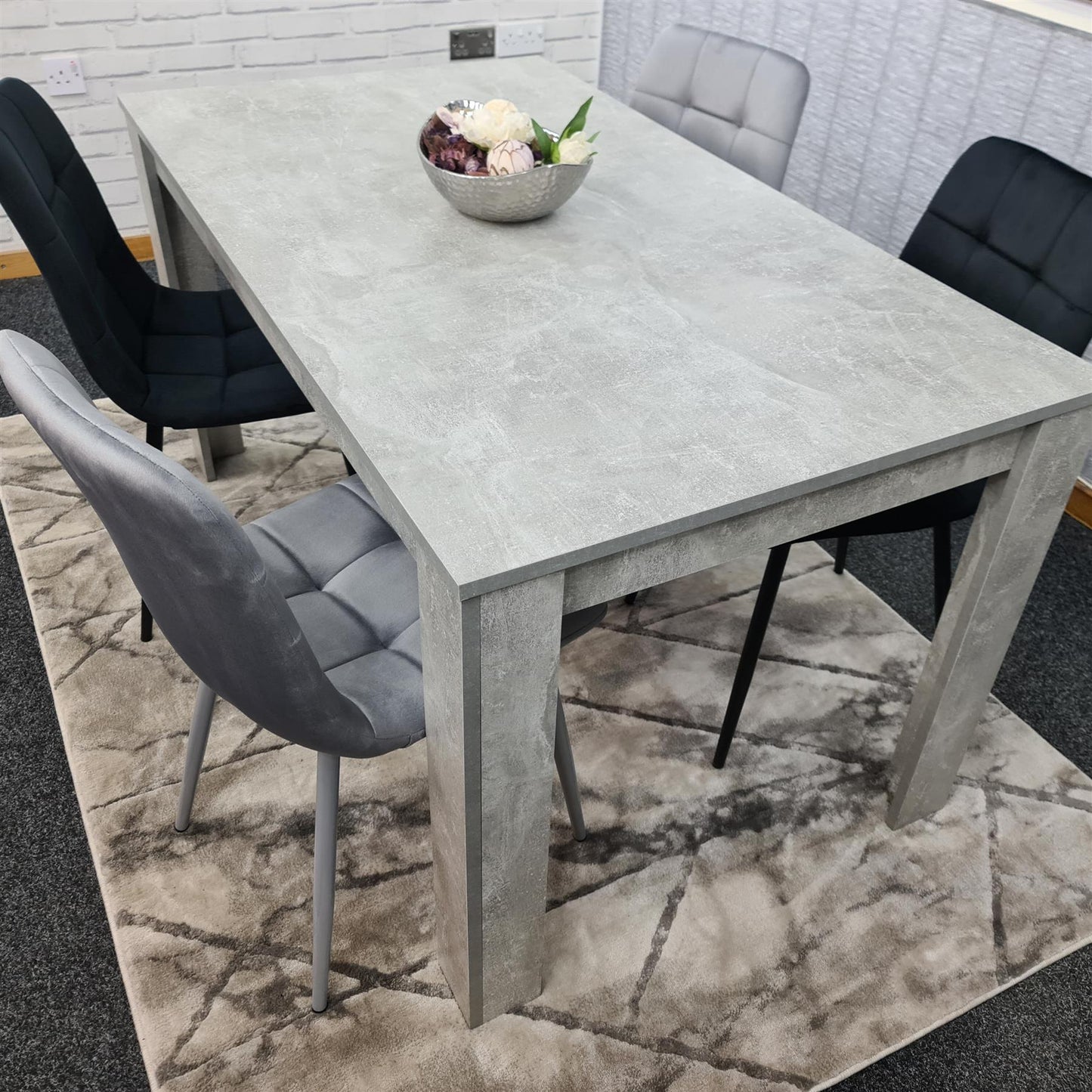 Dining Table and 4 Chairs Stone Grey Effect Wood Table 4 Grey Black Velvet Chairs Dining Room