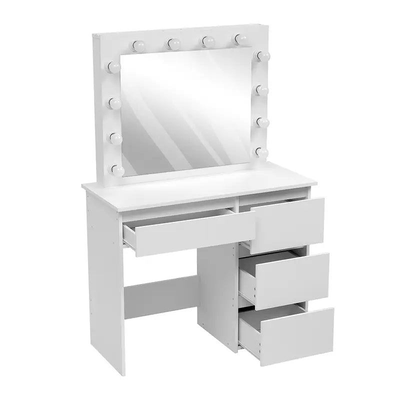 White Vanity Dressing Table with Large Mirror and Lights – 4 Drawer Makeup Desk with Ample Storage, Modern Bedroom Furniture for Jewellery, Cosmetics, and Beauty Essentials