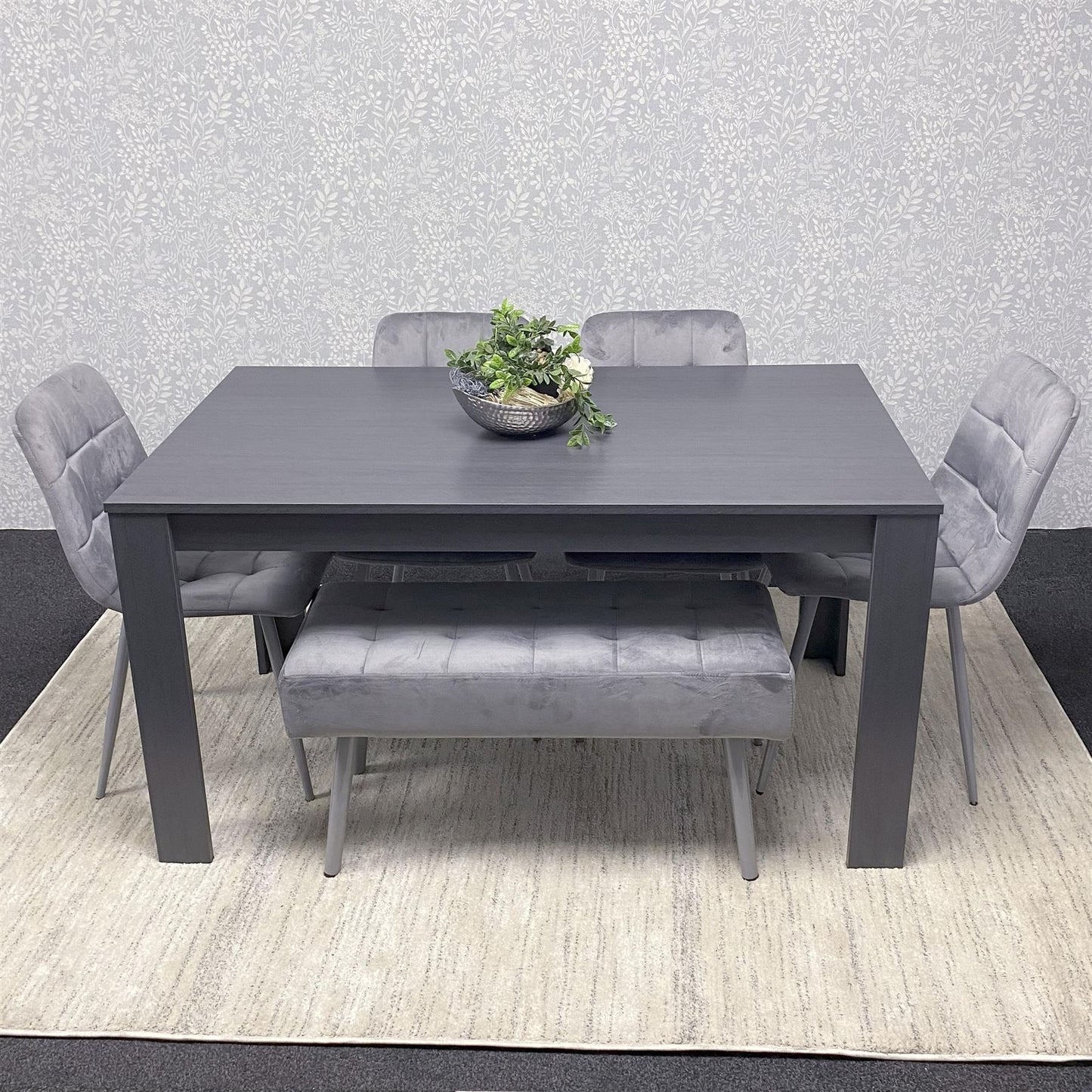 DOUBS Dining Table and 4 Chairs With Bench Dark Grey, 4 Grey Velvet Chairs Wood Dining Set Furniture