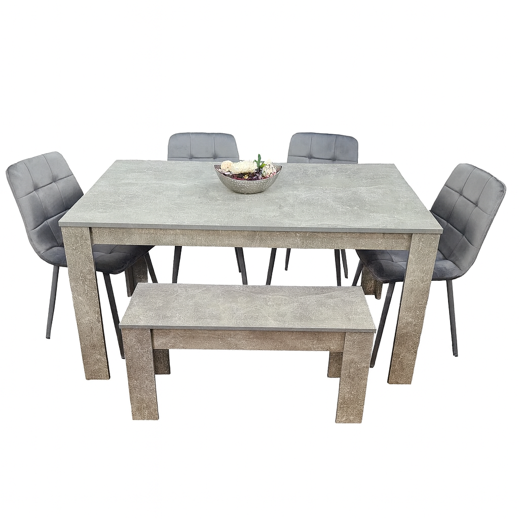 Doubs Grey Wooden Dining Table Set with 4 Tufted Velvet Grey Chairs & Bench – , Melamine Finish, Modern Curved Back Design