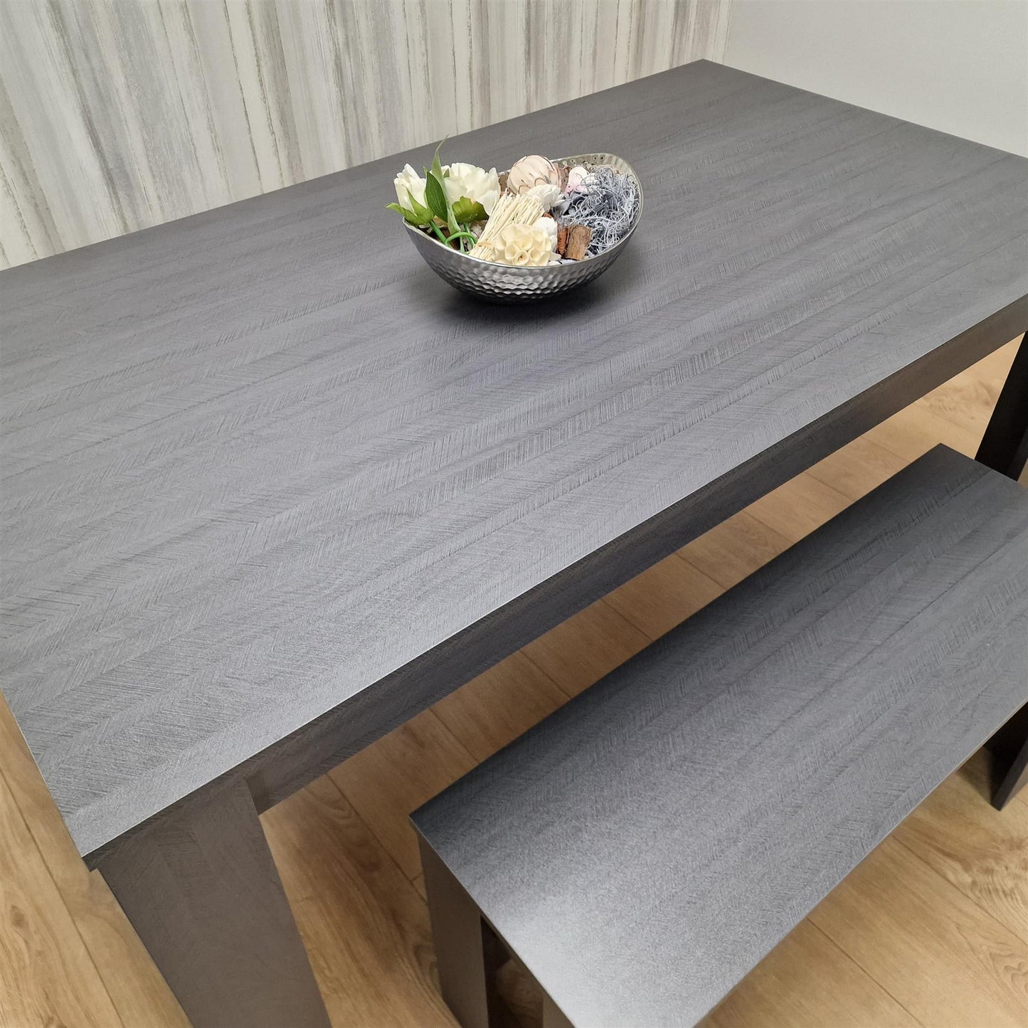 Dining Table and 2 Benches Black Dark Grey Wood Dining Set Furniture