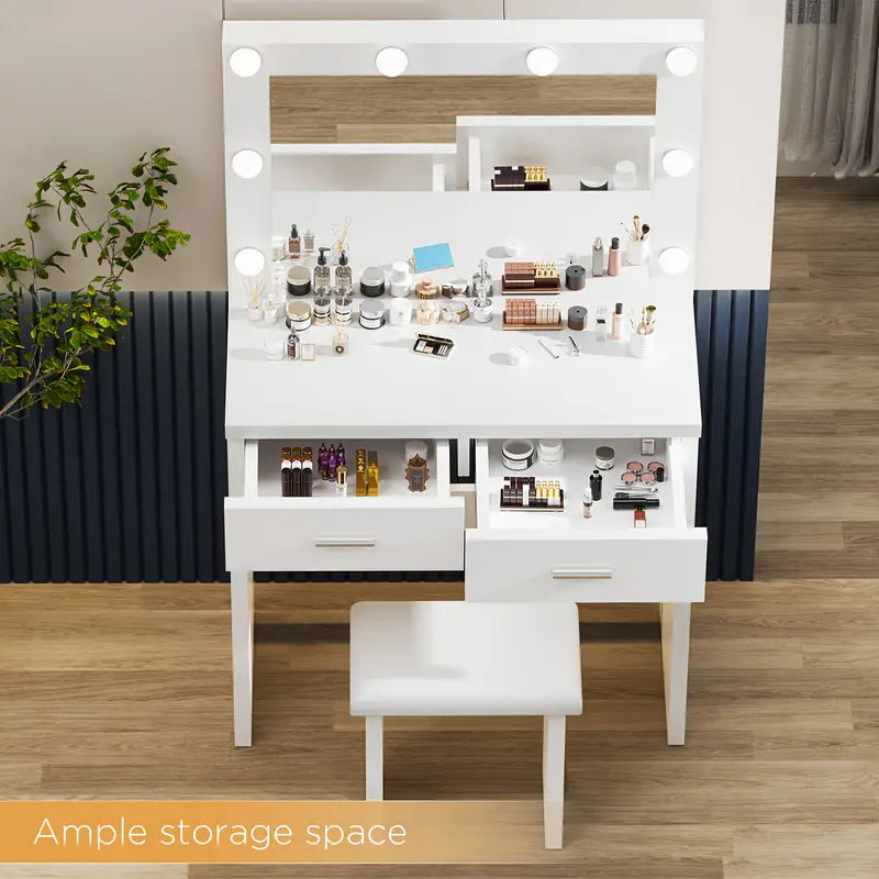 White Dressing Table Set with Hollywood LED Mirror, 2 Large Drawers, and Stool – Vanity Makeup Table with Adjustable 3-Colour Lights, USB Port, and Storage for Bedroom Décor
