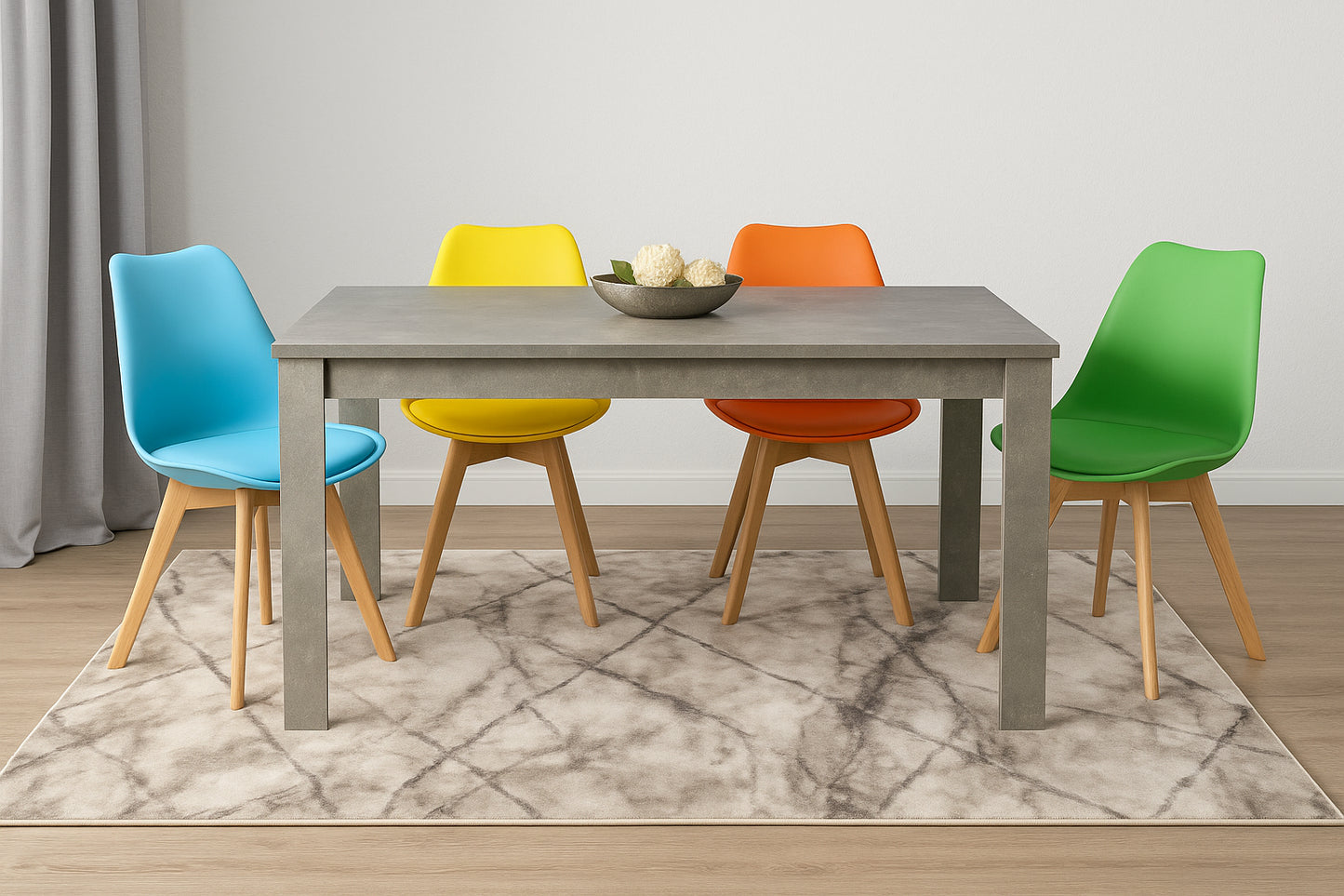Dining Table and 4 Chairs Stone Grey Effect Wood Table 4 colourful Plastic Leather Chairs Dining Room