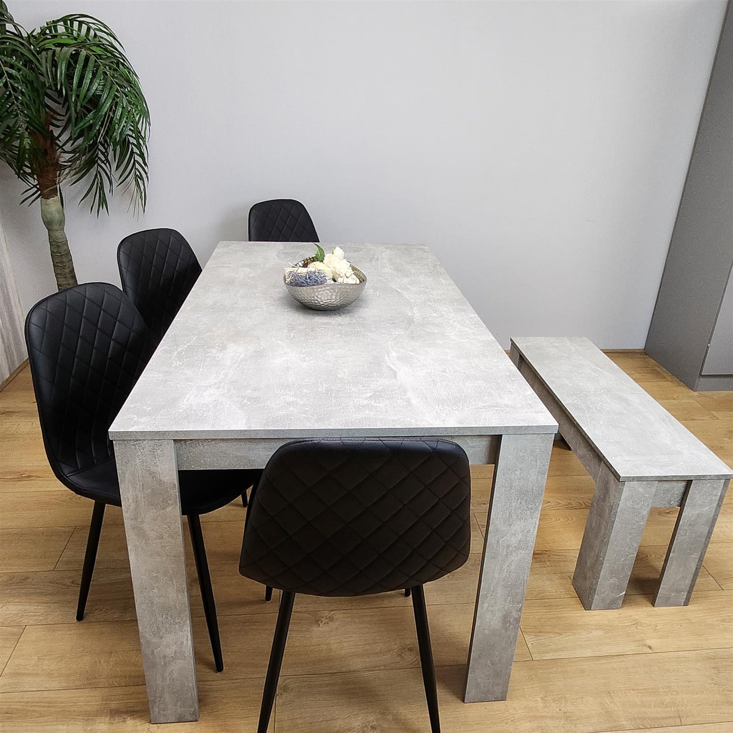 Dining Table and 4 Chairs Stone Grey Effect Wood Table 4 Black Leather Chairs Dining Room