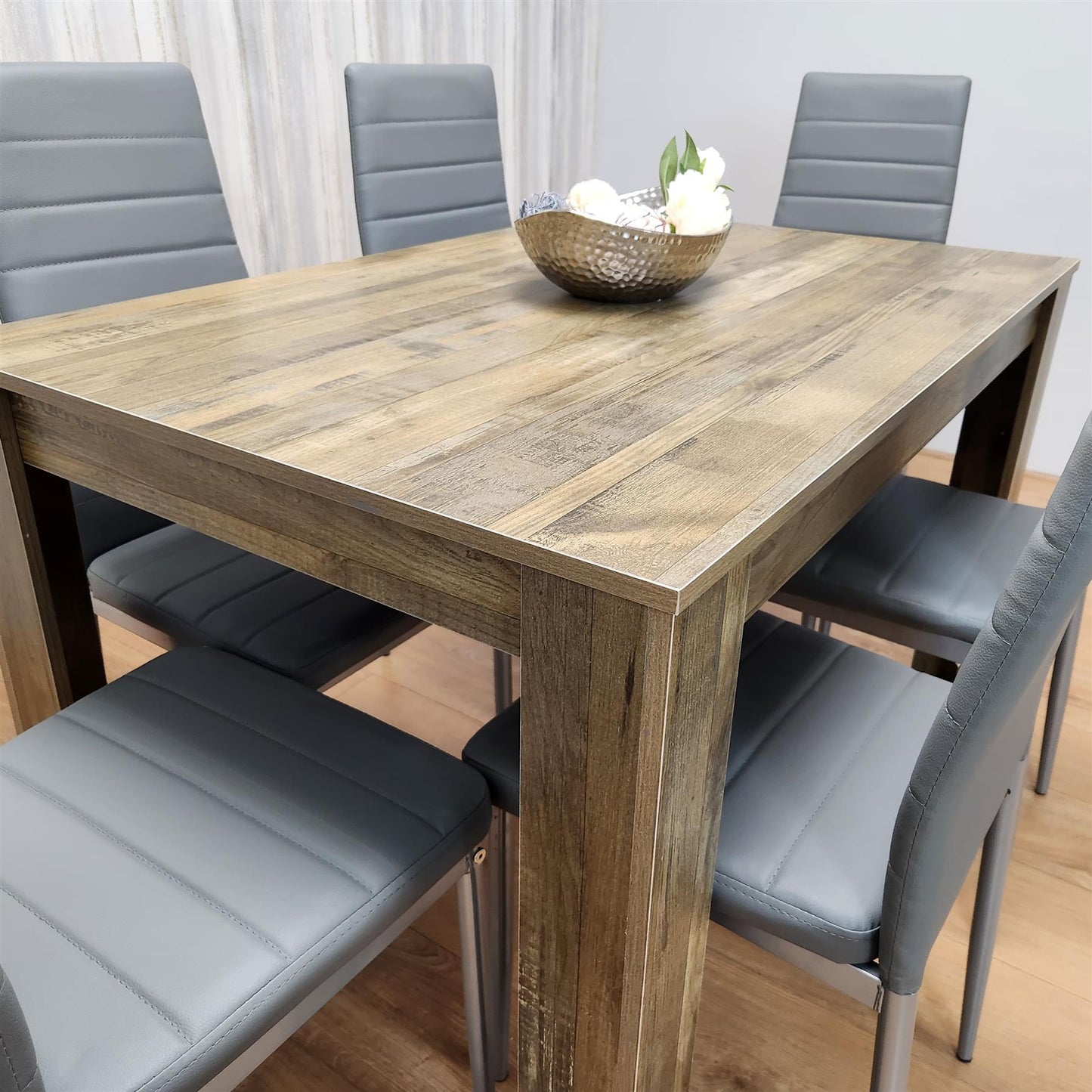 DOUBS Dining Table and 6 Chairs Rustic Effect Wood Table 6 Grey Leather Chairs Dining Room