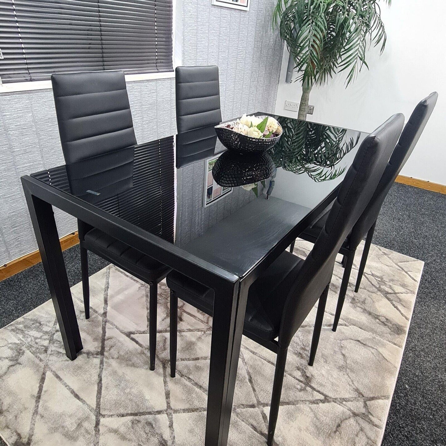 Dining Table and 4 Chairs Black Glass 4 Leather Chairs Dining Room Furniture