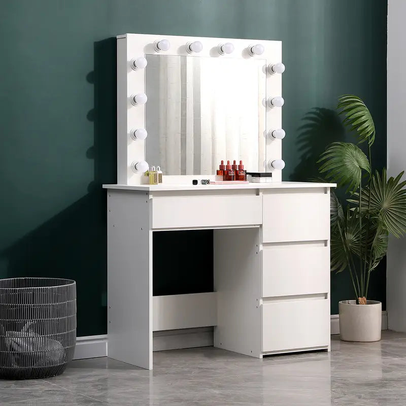 White Vanity Dressing Table with Large Mirror and Lights – 4 Drawer Makeup Desk with Ample Storage, Modern Bedroom Furniture for Jewellery, Cosmetics, and Beauty Essentials