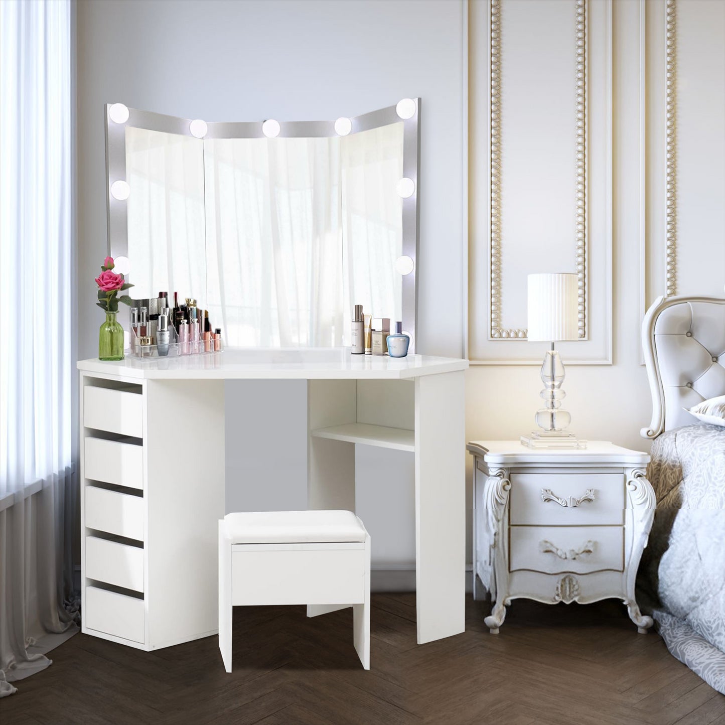 DOUBS Corner Dressing Table with Mirror and Stool Makeup Vanity LED Mirror Lights Hollywood Table