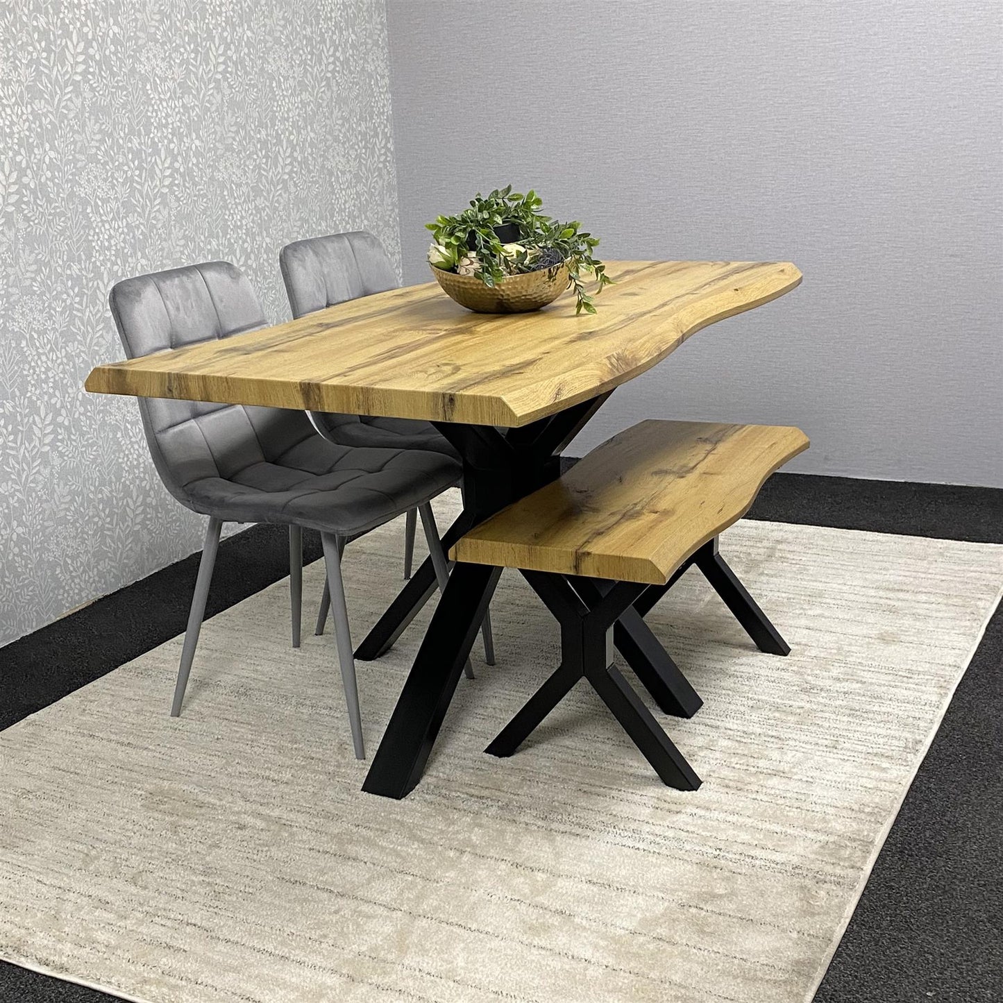 DOUBS Brown Wooden Dining Table with 2 Grey Velvet Chairs and Bench - Dining Kitchen Room Furniture