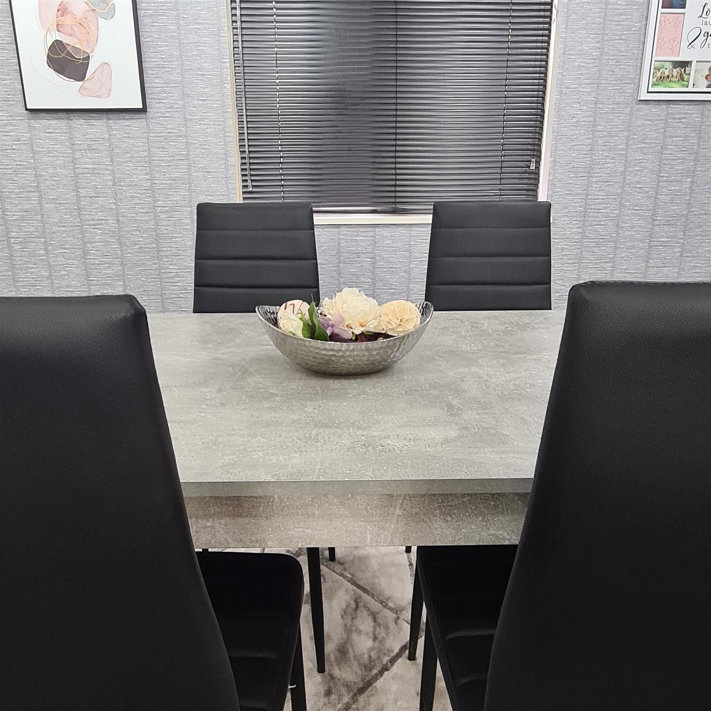 Dining Table and 4 Chairs Stone Grey Effect Wood Table 4 Black Leather Chairs Dining Room