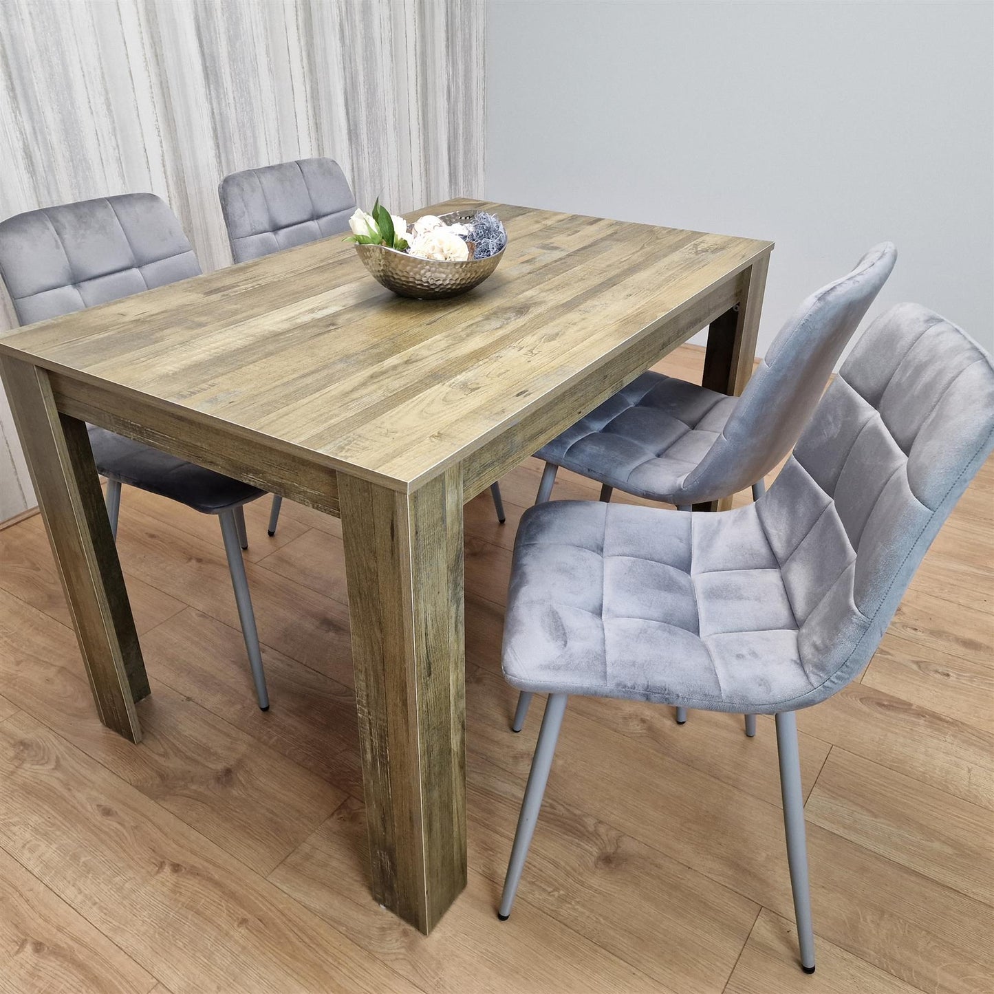 Dining Table and 4 Chairs Rustic Effect Wood Table 4 Grey Velvet Chairs Dining Room