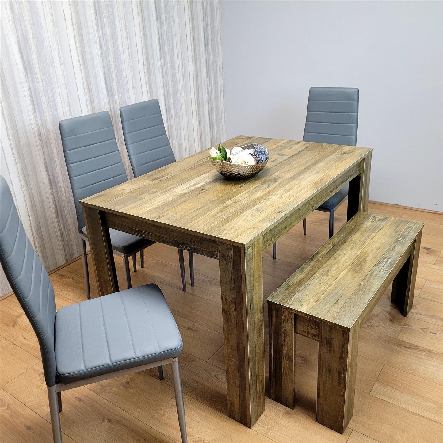 DOUBS Wooden Dining Table Set for 6 Rustic Effect Table With 4 Grey Leather Chairs and 1 Bench