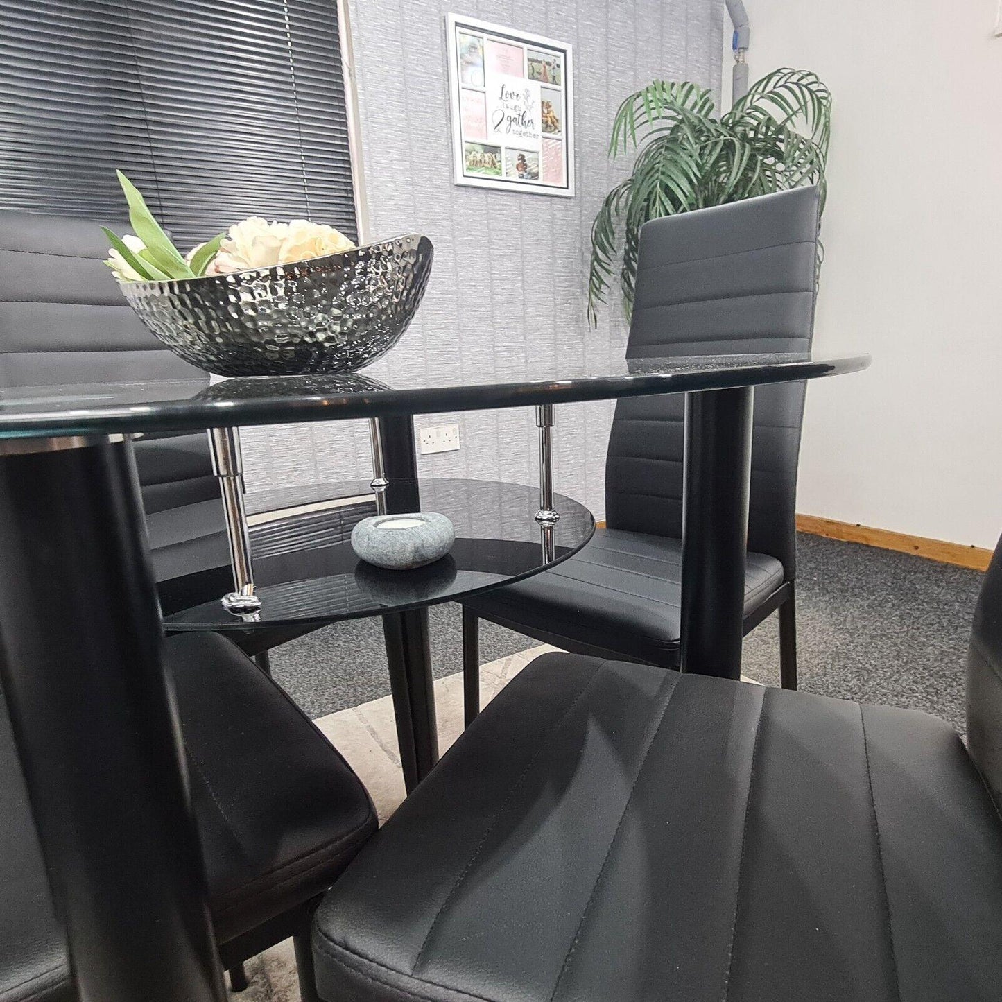 Dining Table and 4 Chairs Round Glass Black 4 Black Leather Chairs Dining Room