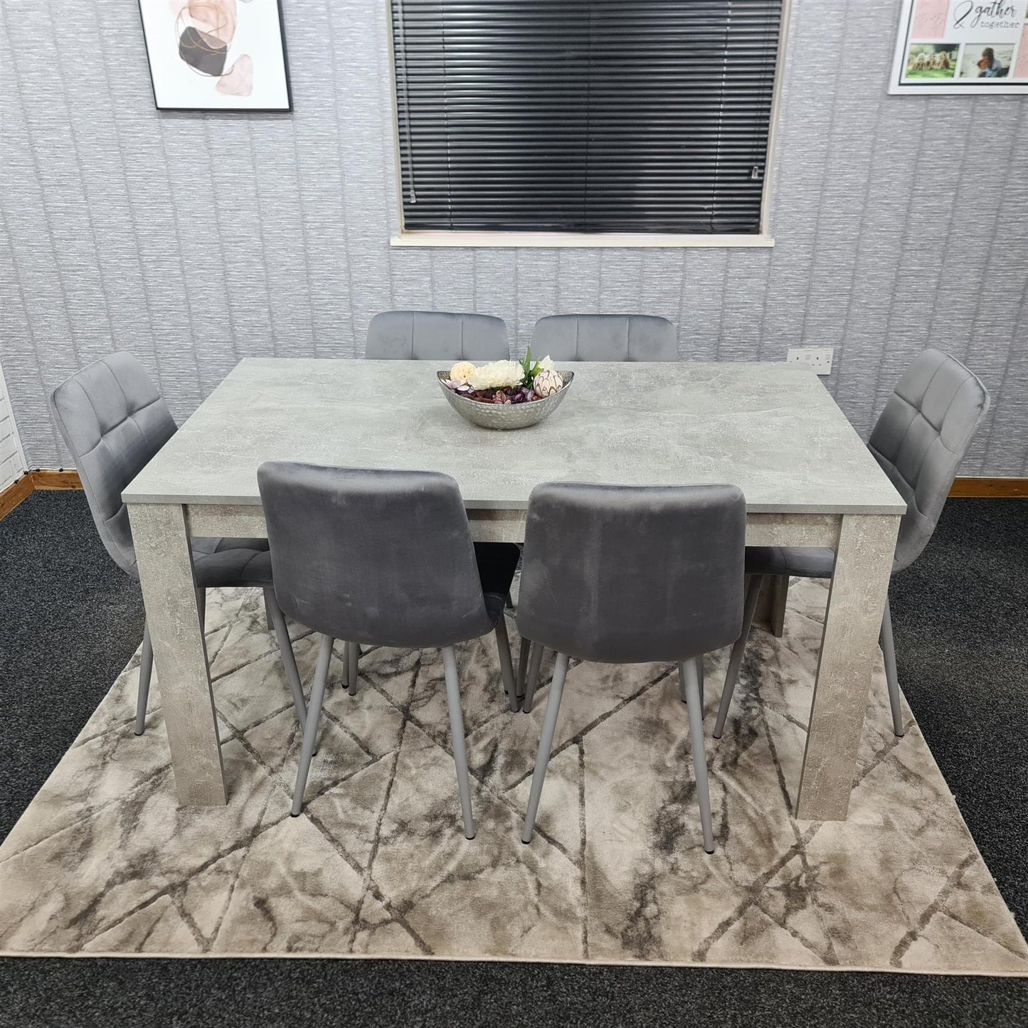 Doubs Grey Wooden Effect Dining Table Set with 6 Tufted Velvet Grey Chairs , Melamine Finish, Modern Curved Back Design