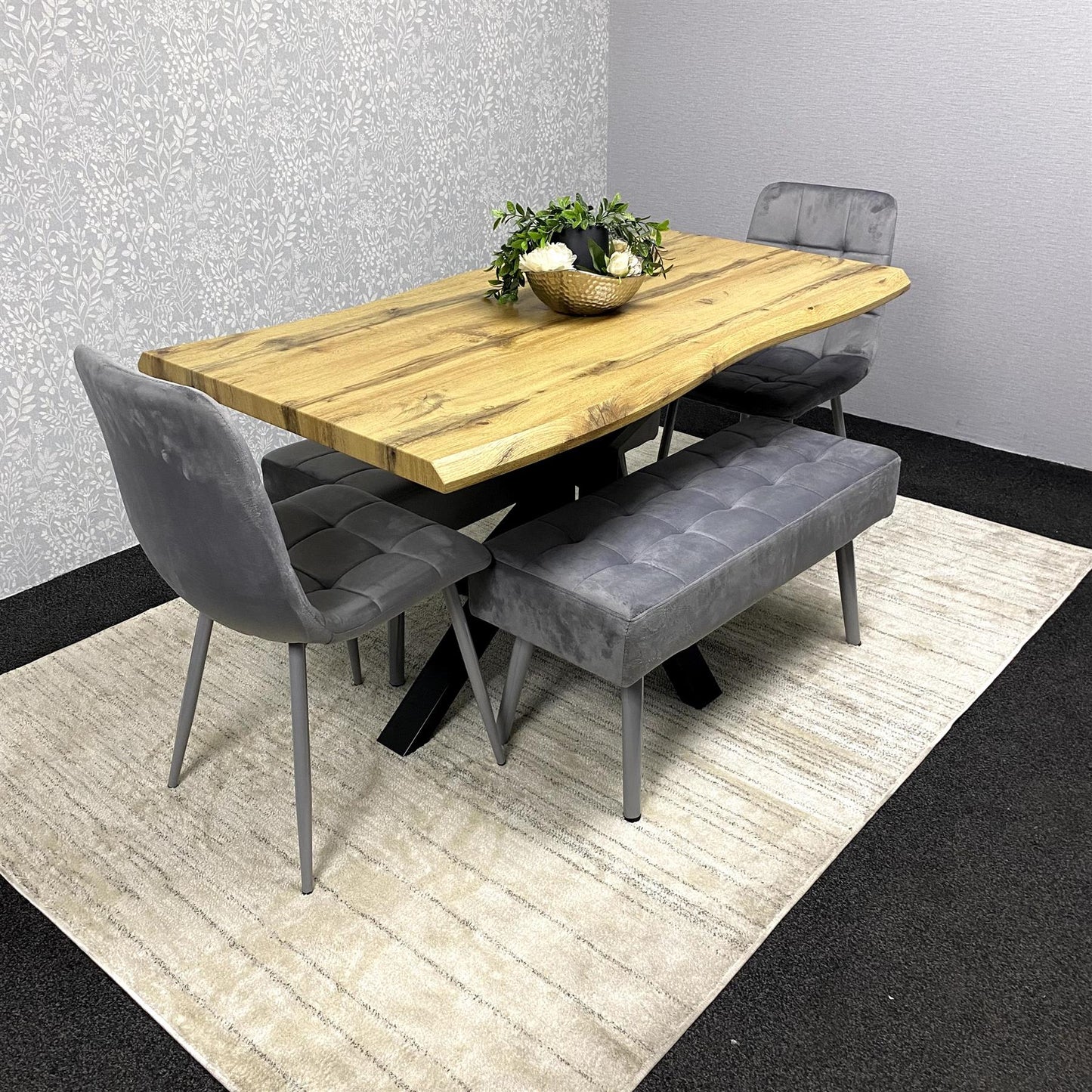 DOUBS Wooden Brown Dining Table with 2 Grey Velvet Chairs and Padded Benches, Dining Room Furniture