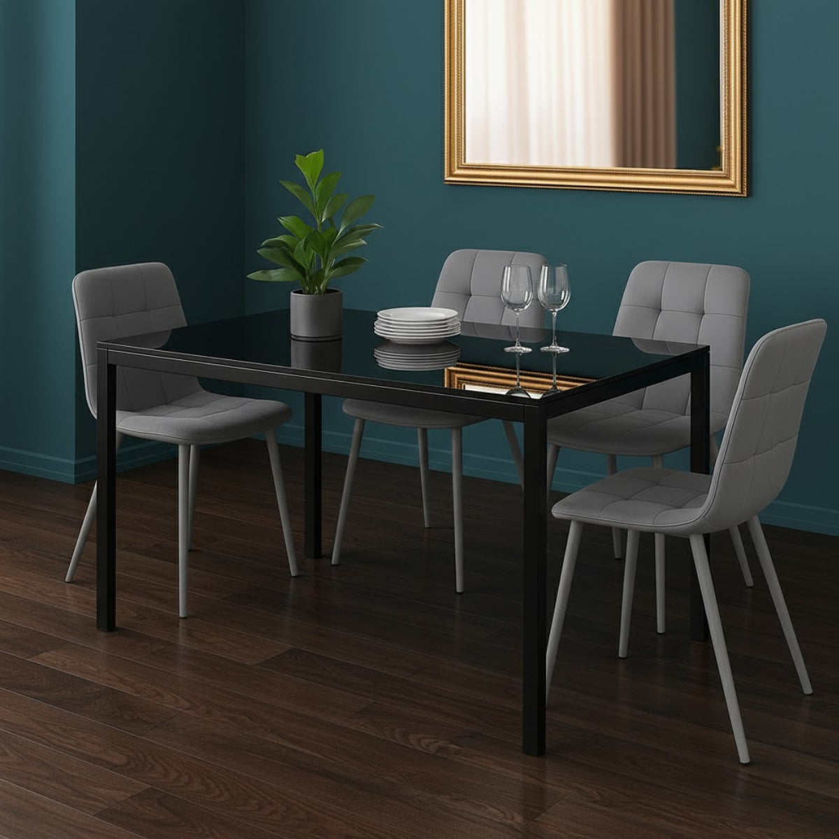Modern Black Glass Dining Table Set with 4 Grey velvet Chairs Dining Room Furniture