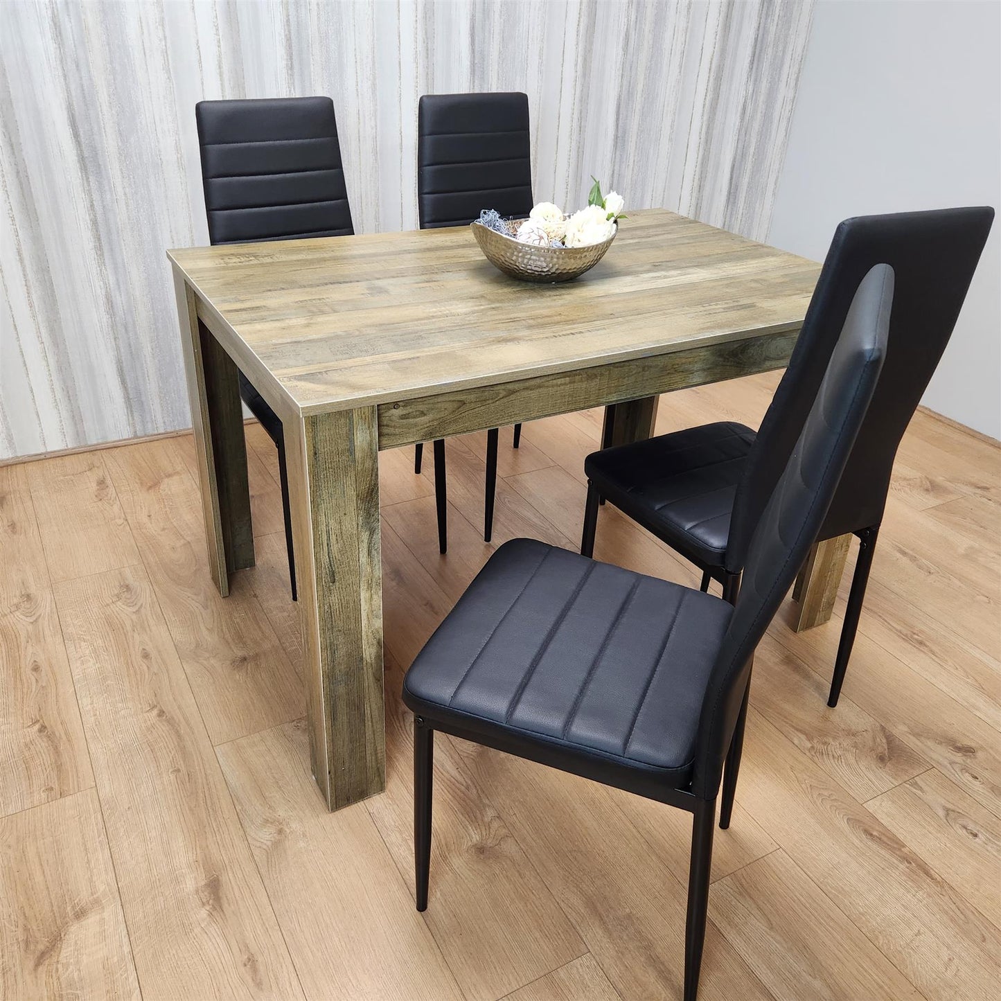 Dining Table and 4 Chairs Rustic Effect Wood Table 4 Black Leather Chairs Dining Room